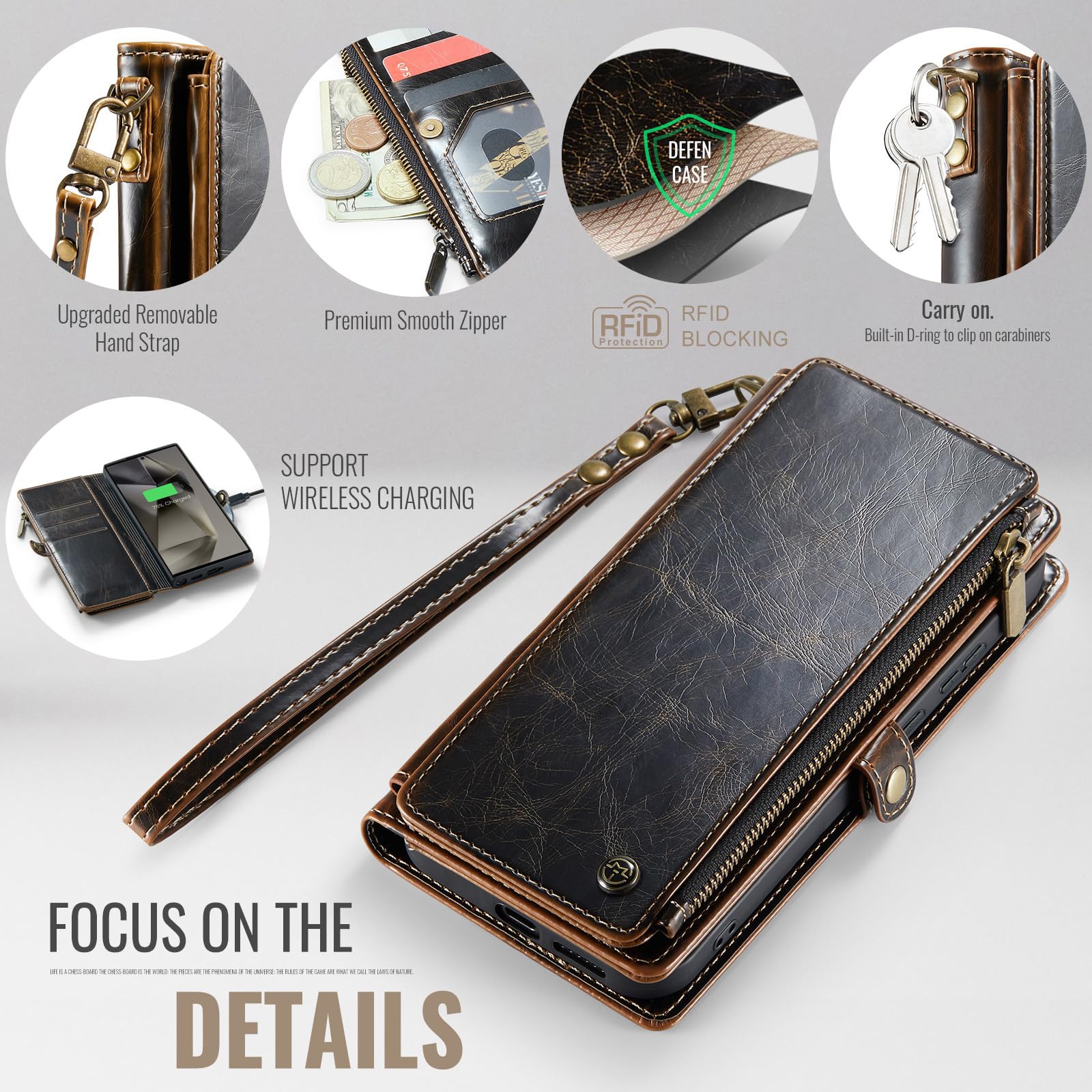 Defencase Samsung Galaxy S23 Ultra Wallet Case, Pu Leather Magnetic Flip Zipper Card Holder, Luxury Coffee