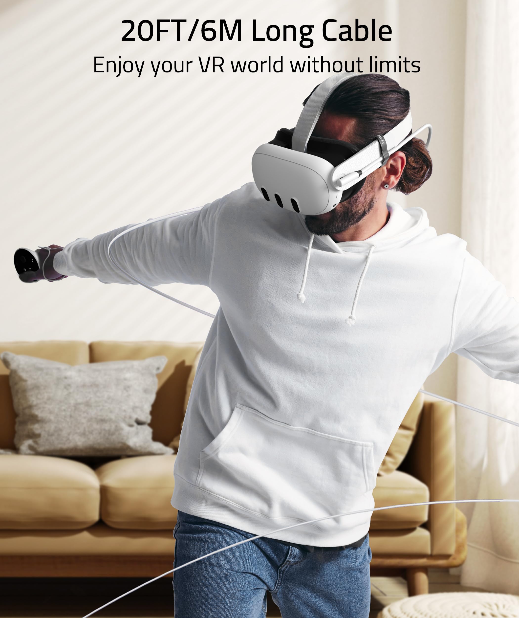 Syntech 20FT Link Cable for Oculus Quest 3/2, Pico 4 - High-Speed USB 3.0 Data Transfer Cord - White VR Accessory
