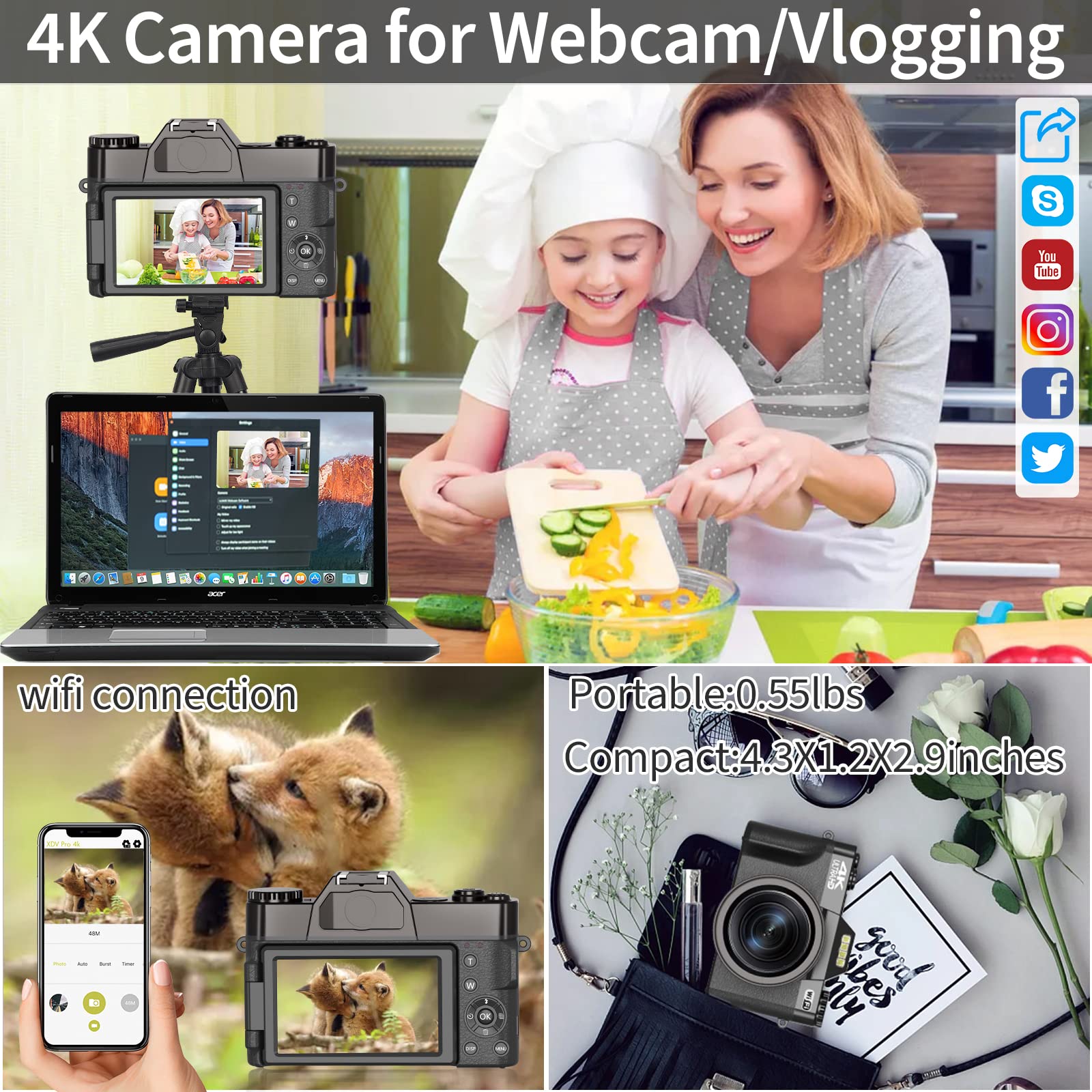 Digital Camera For Photography, 4K 48Mp Vlogging Camera For Youtube With Wifi, 3 Inch 180 Degree Flip Screen, 16X Digital Zoom,