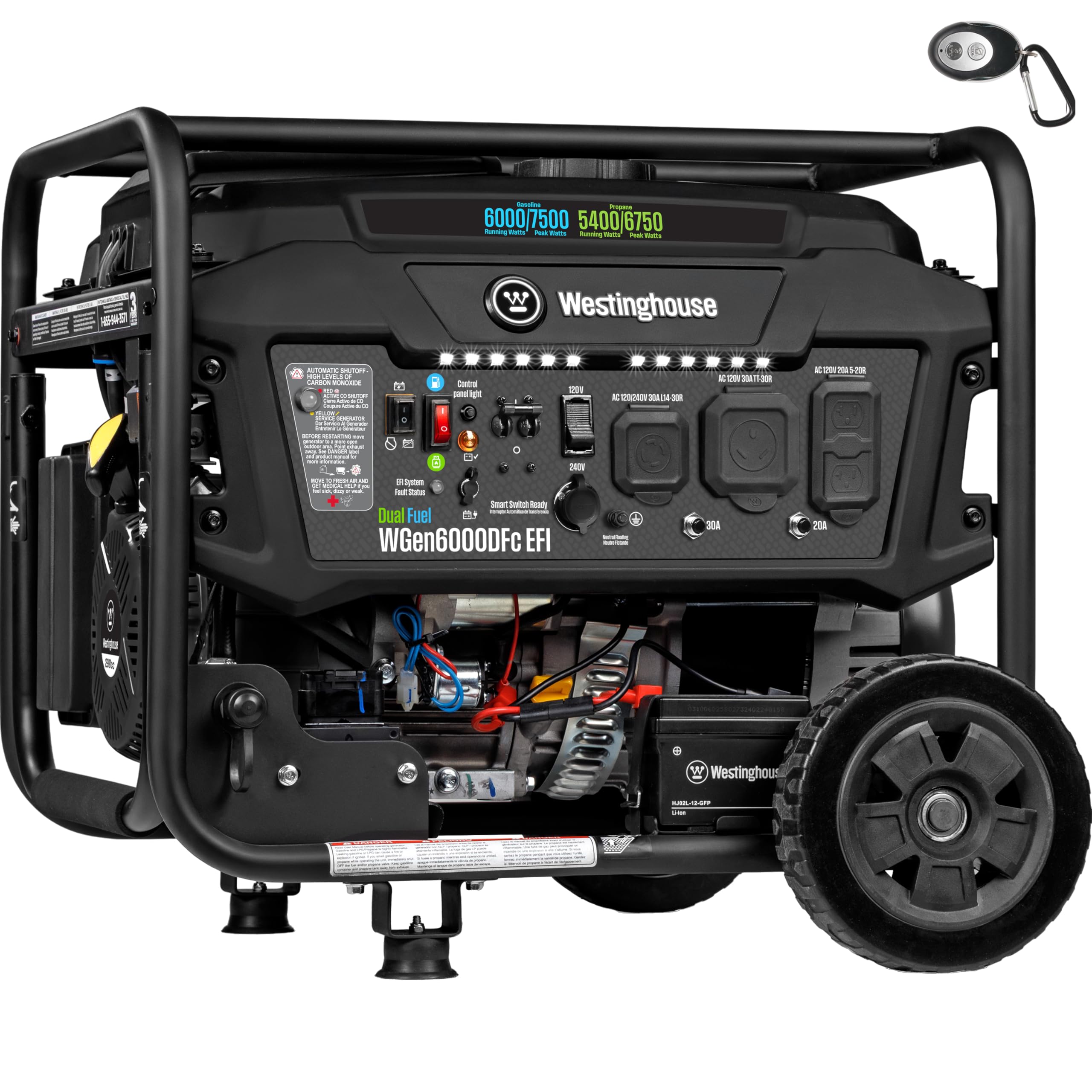 Westinghouse 7500 Peak Watt EFI Dual Fuel Home Backup Portable Generator, Remote Electric Start, Transfer Switch Ready, Gas and