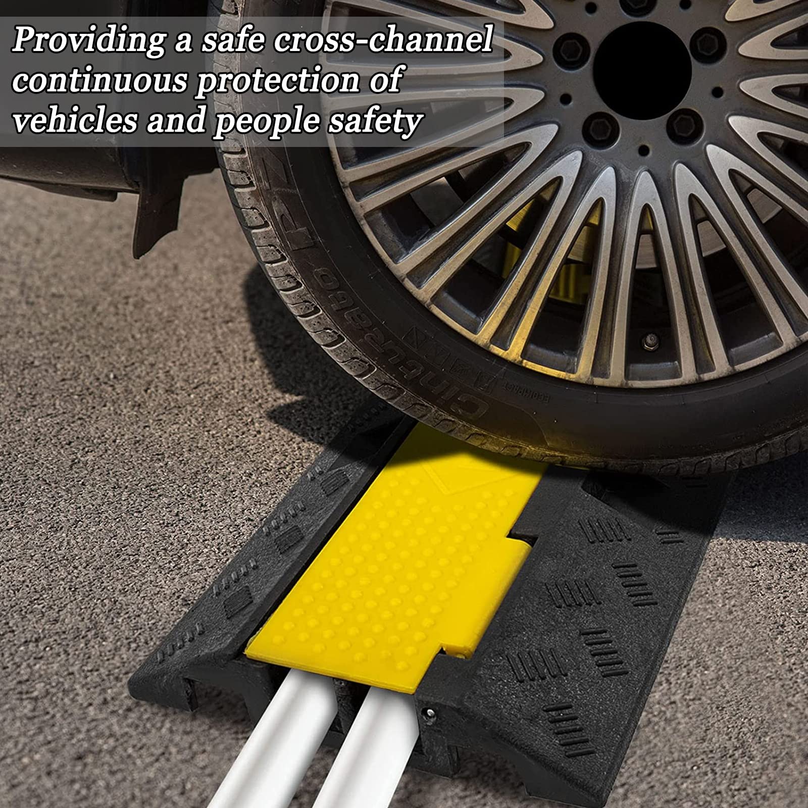 Cxrcy Cable Ramp 4 Pack 2 Channel 11000Lbs Axle Capacity Floor Cable Cord Protector, Black & Yellow Speed Bumps Hose Protector R