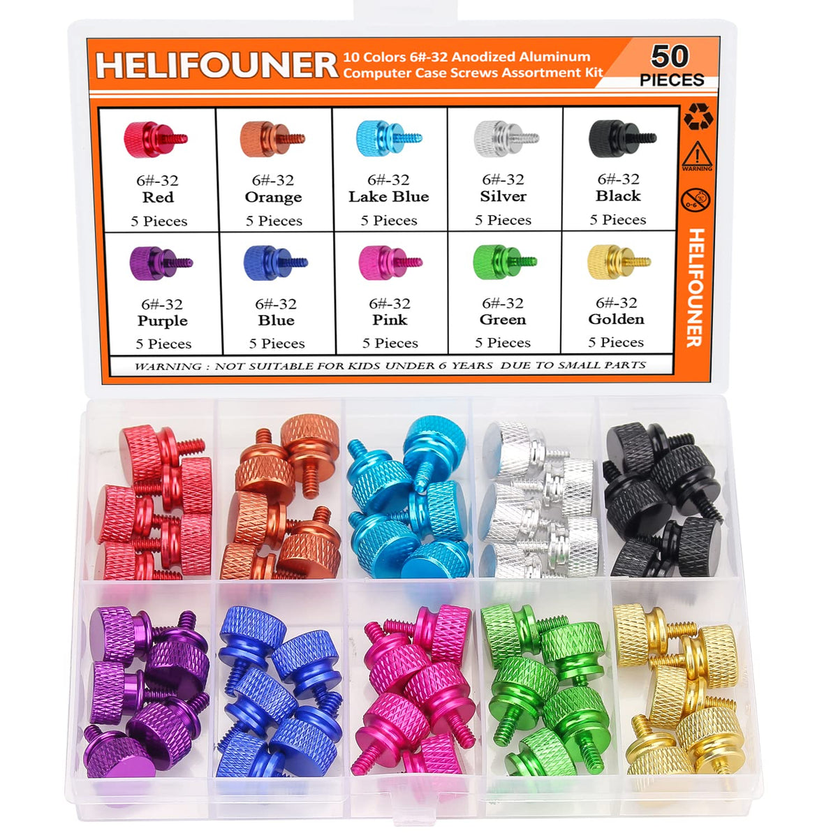 Helifouner 50 Pieces 6-32 Thread Anodized Aluminum Computer Case Thumbscrews, Thumb Screws Assortment Kit For Computer Case/Cove
