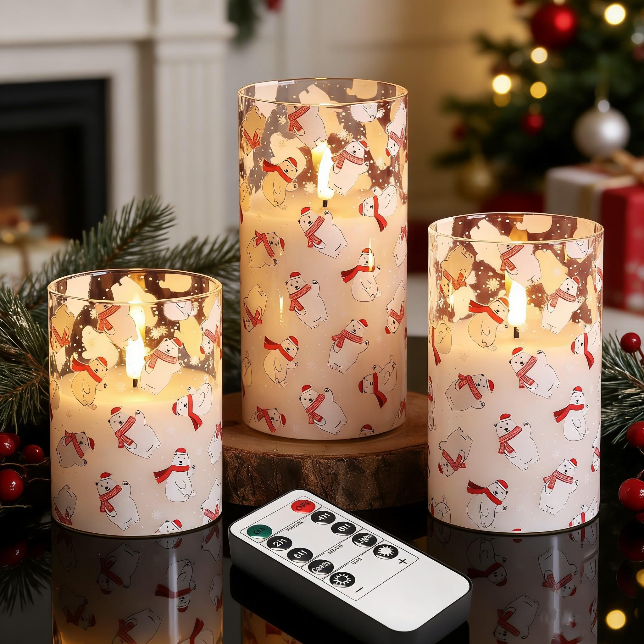 Eywamage Christmas Glass Flameless Pillar Candles with Remote, Flickering LED Battery Candles Bear Holiday Winter Table Decor Gi