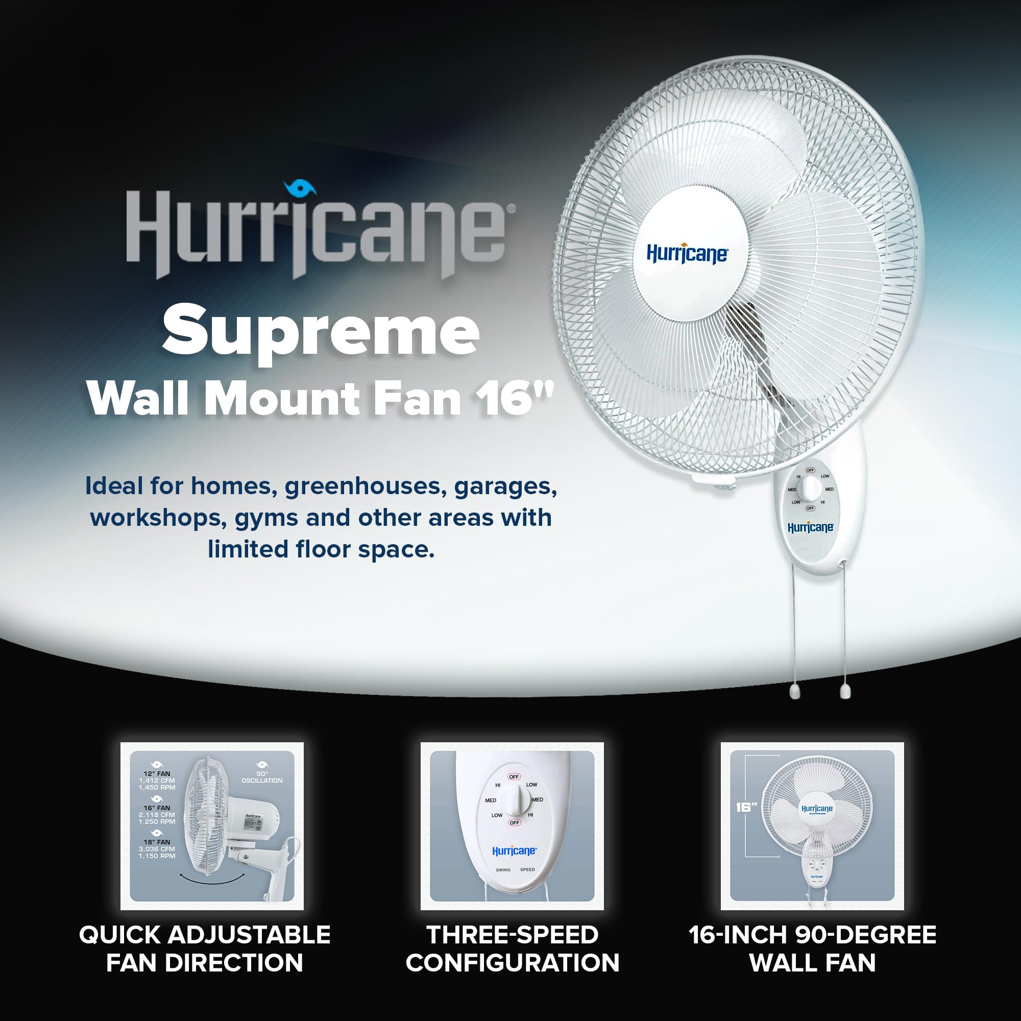 Hurricane Supreme 16'' Oscillating Wall Mount Fan   Space Saving, Powerful & Quiet 3 Speed Airflow, Adjustable Tilt For Home, Ga