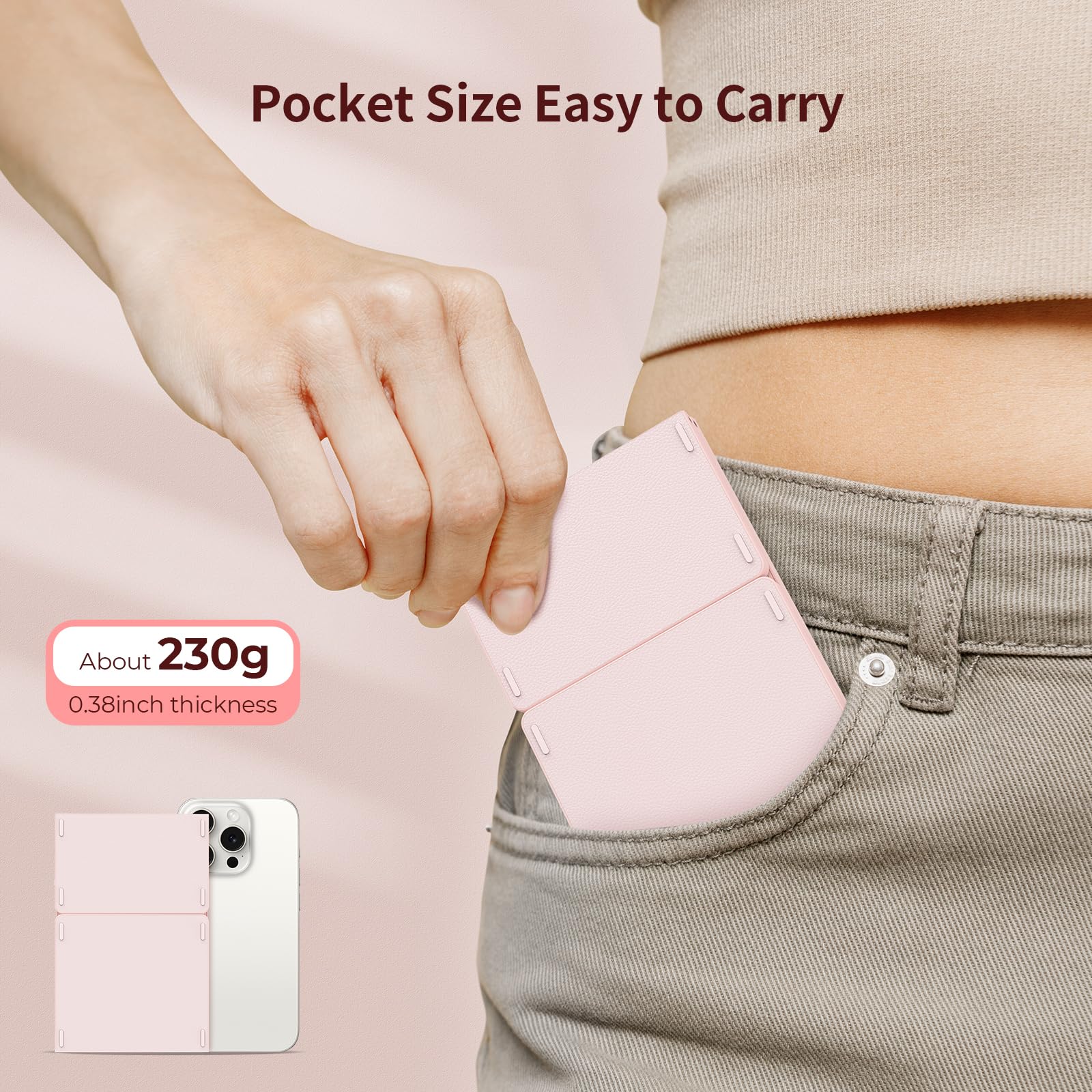 Seenda Foldable Bluetooth Keyboard For Travel, Tri Folding Wireless Rechargeable Multi Device Portable Keyboard With Touchpad, For Laptop Ipad Tablet Pc Smartphone Windows Ios Android, Pink