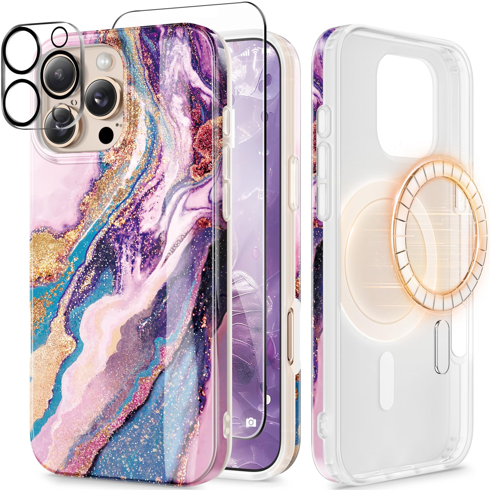 Gviewin For Iphone 16 Pro Max Case Compatible With Magsafe, With Screen & Lens Protectors, Military Grade Protection Slim Marble