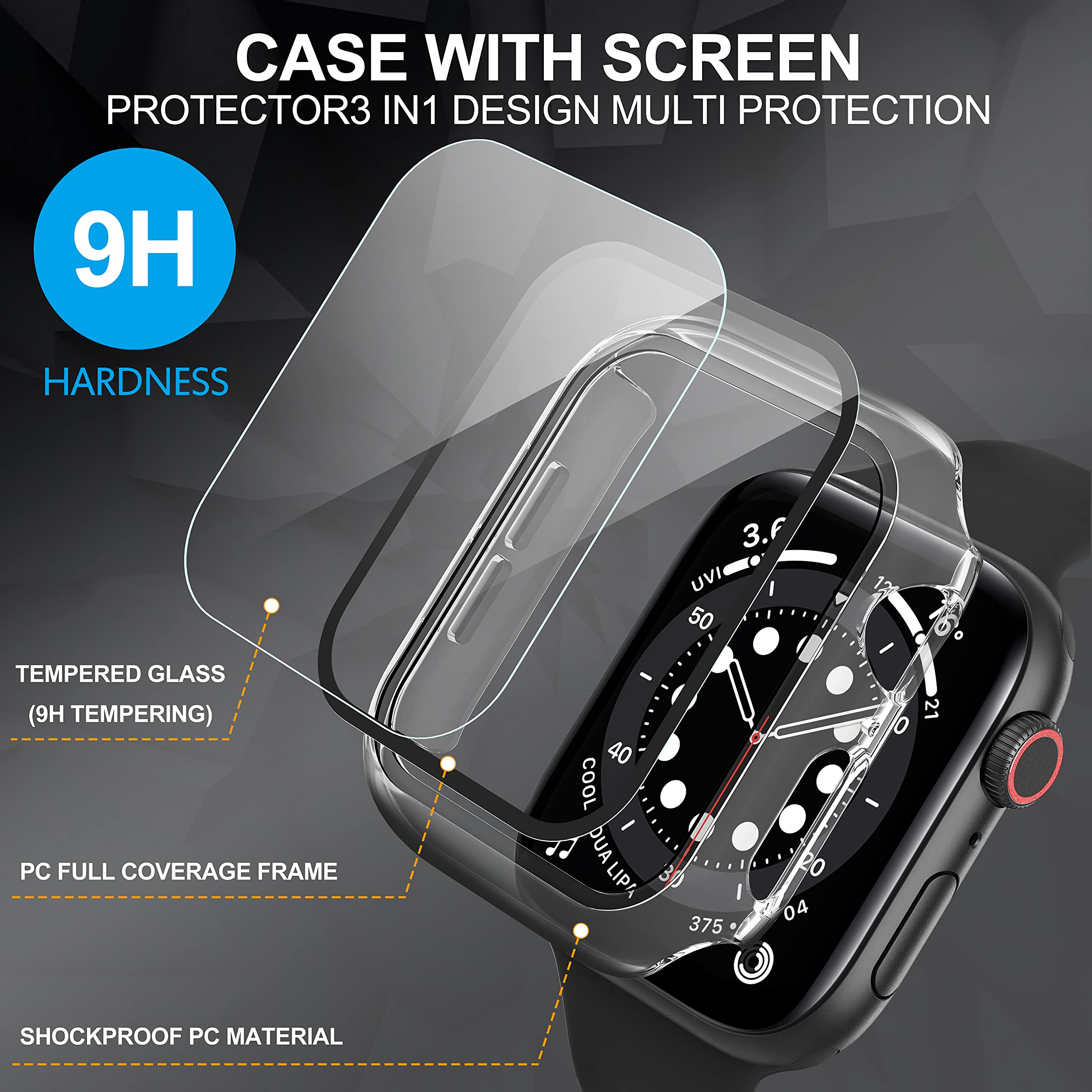 Diruite Clear Tempered Glass Screen Protector Case for Apple Watch 45mm Series 9/8/7/6/5/4/SE/SE 2 - Ultra-Thin All-Around