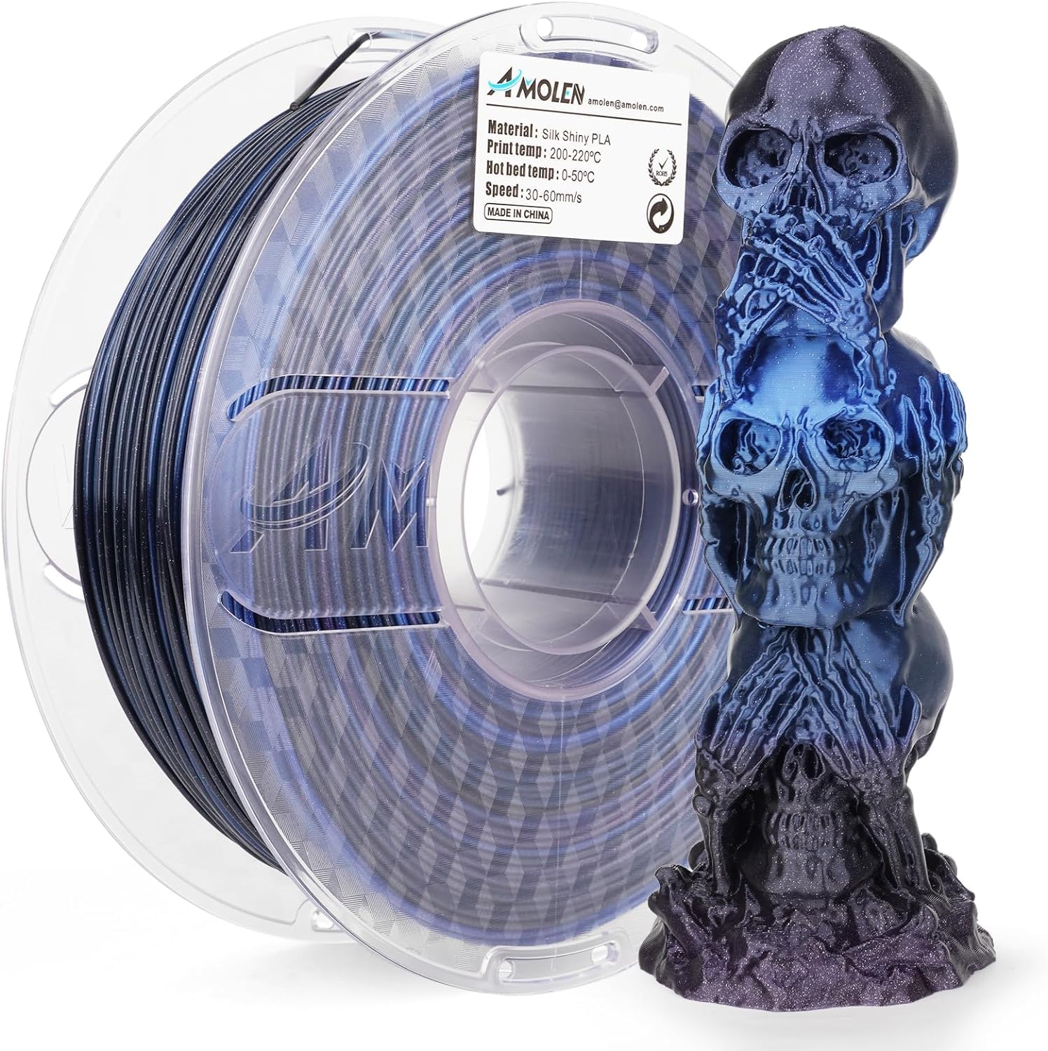 AMOLEN PLA 3D Printer Filament, Silk Shiny Black Blue PLA Filament 1.75mm, Color Change 3D Printing Filament for Most FDM 3D Pri