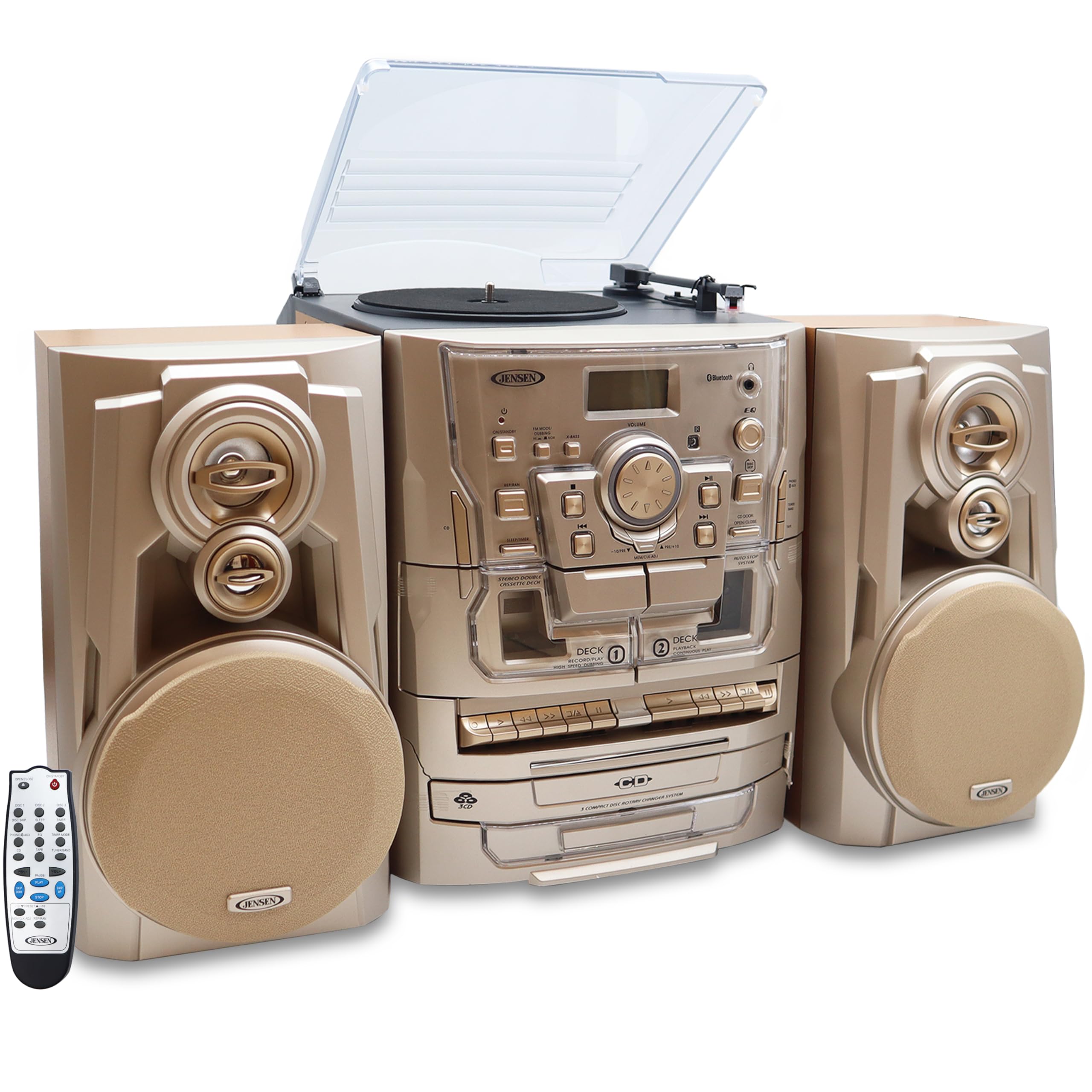 Jensen Bluetooth 3 Speed Turntable Cd Player Home Stereo System With Turntable 3 Cd Changer Music System, Dual Cassette Deck, St