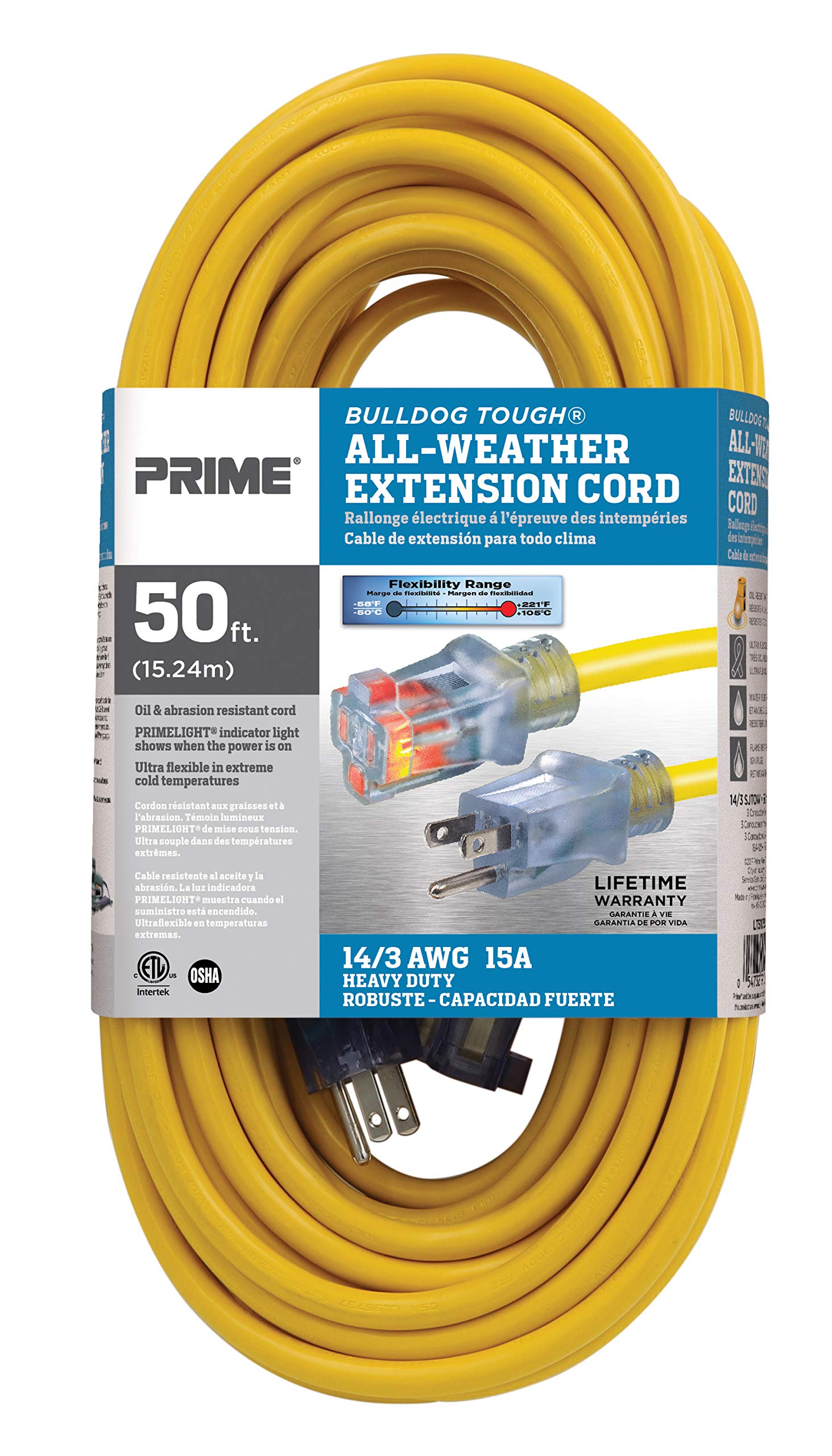 Prime Wire And Cable Lt511730 50 Foot 14/3 Sjtow Bulldog Tough Extension Cord With Primelight Indicator Light, Yellow