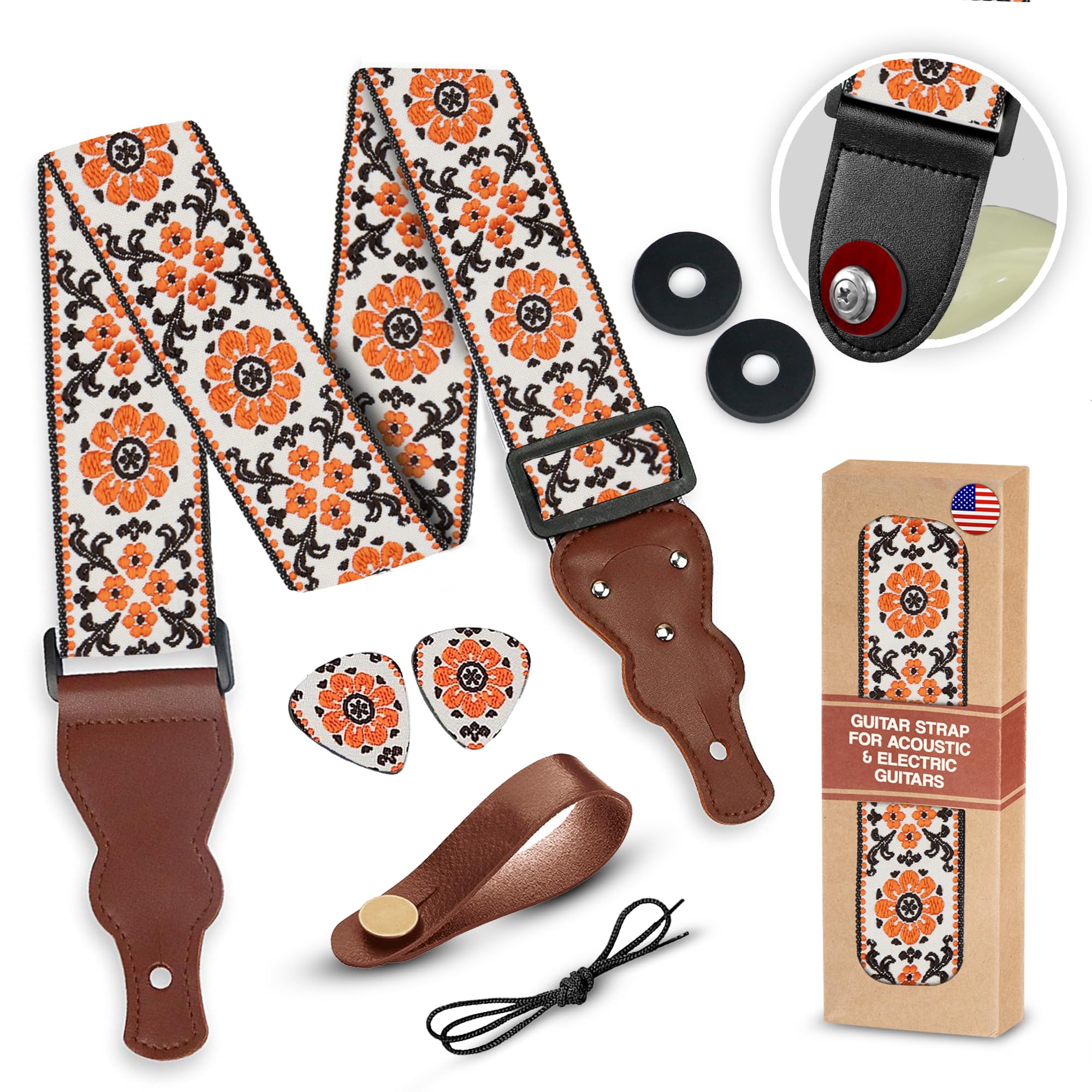 Guitar Strap For Acoustic Guitar , Electric Guitar And Bass Guitar, Adjustable Woven Flowers Guitar Strap W/ Free Bonus 2 Picks