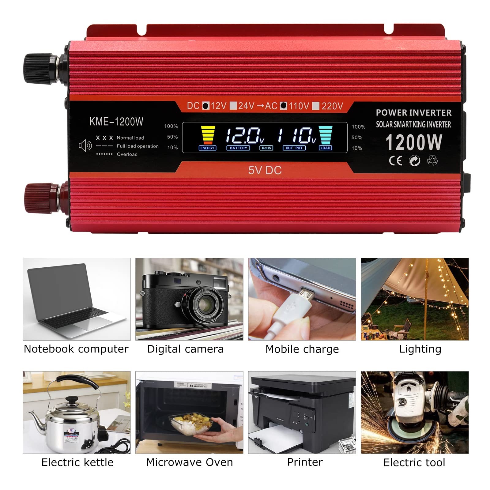 1200W Car Power Inverter Dc 12V To 110V Ac Converter 1200W Inverter Power Inverters With Lcd Display And Ac Outlets 2A Usb Charg