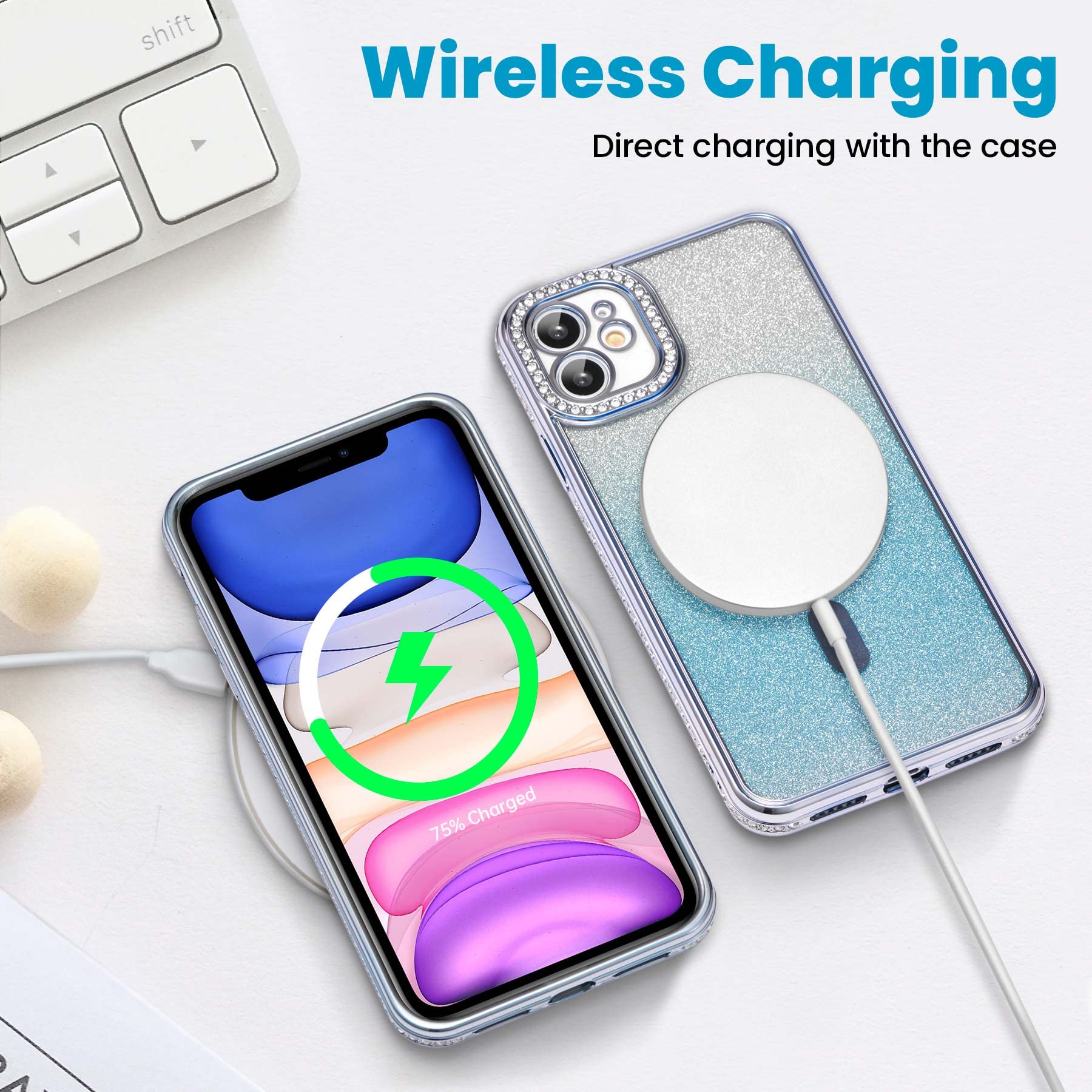 Zcdaye Case For Iphone 14 Plus With Diamond Decorated, Iphone 14 Plus Phone Case Compatible With Wirless Charging, Blue Edge Ele