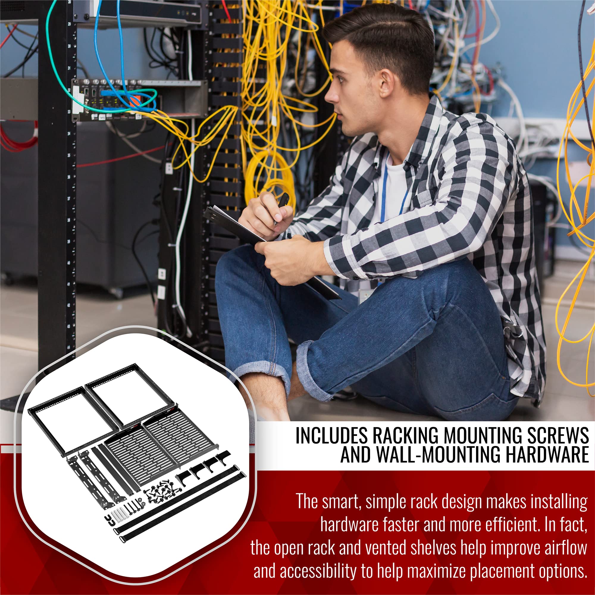 Vivlly 10U Open Frame Rack - Heavy Duty Metal for Networking, Servers, Audio/Video, Black, Wall Mounted or Floor Standing