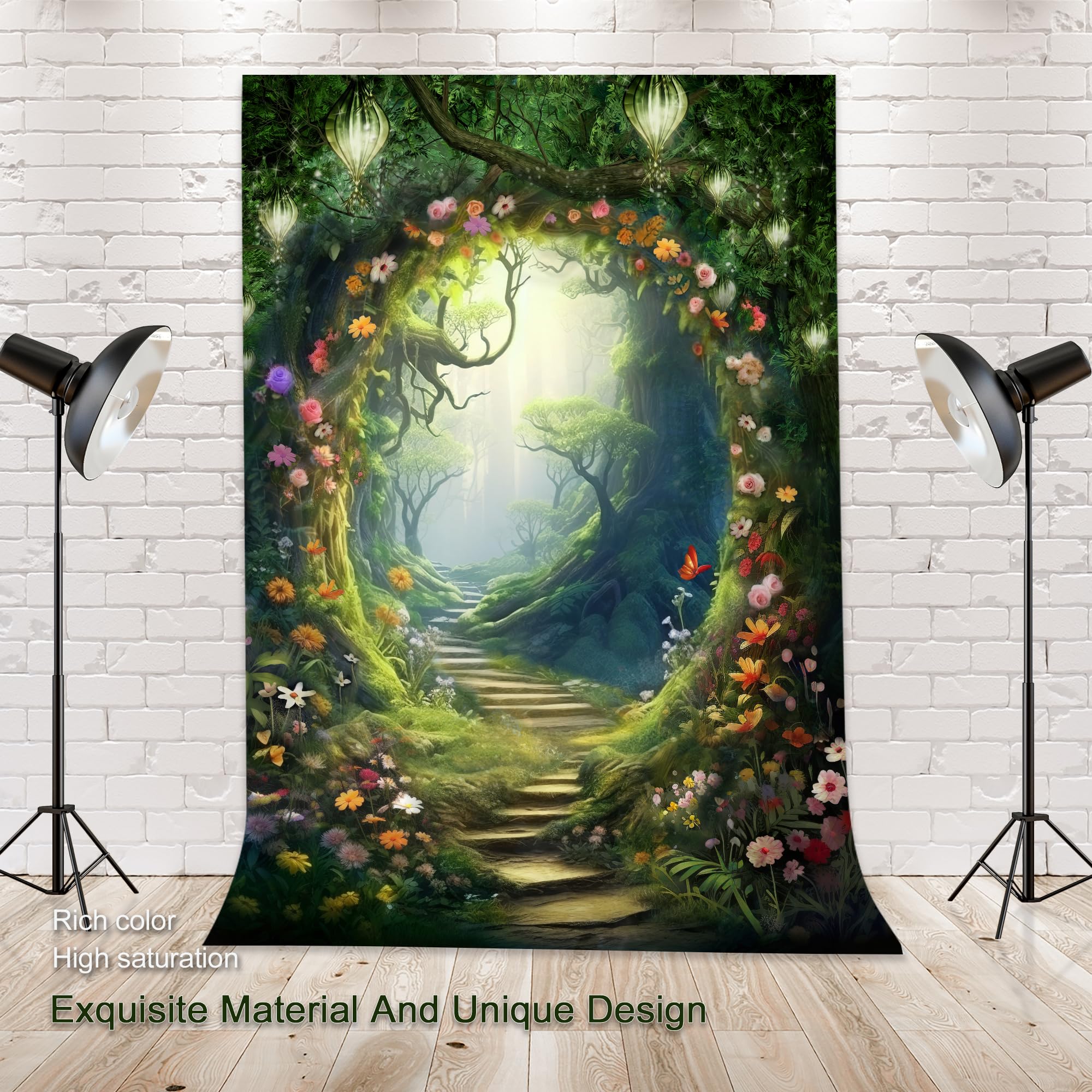 Omifly Enchanted Woodland 5W*7H Backdrop For Photography Fairy Tale Floral Wonderland Greenery Garden Tree Spring Plant Backgrou