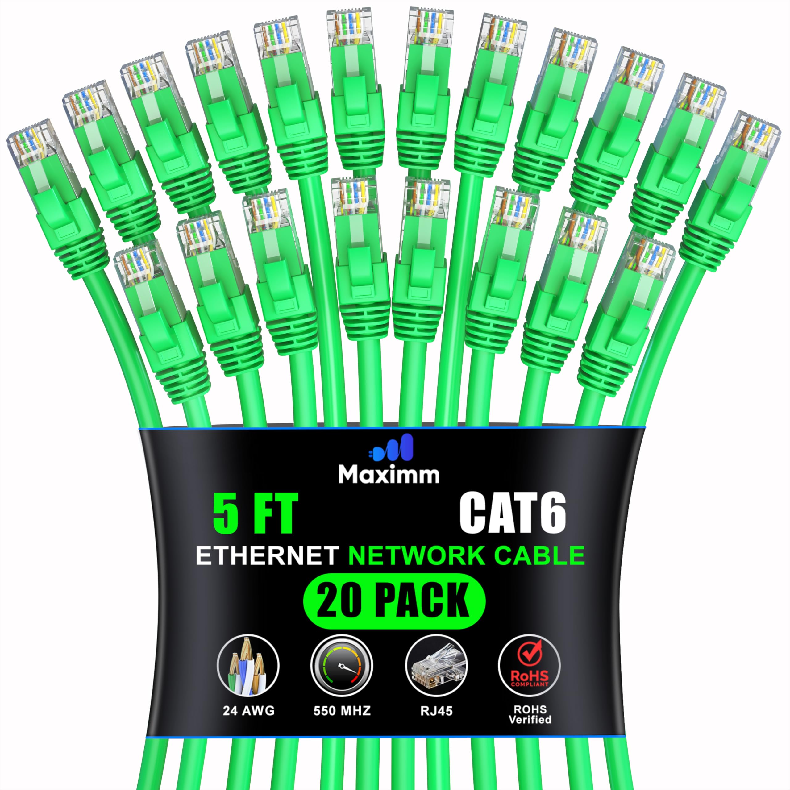 Maximm Cat 6 Ethernet Cable 5 Ft (20 Pack)   High Speed Lan Cable, Internet Cable, Patch Cable, And Network Cable   Utp, 10Gbps, 550Mhz Ethernet Cord   Green