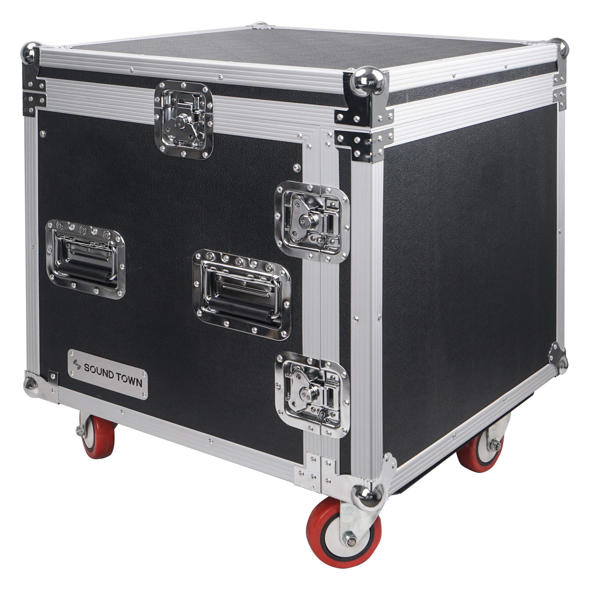 Sound Town Shock Mount 10U Ata Rack Case With 20    Rackable Depth, 11U Slant Mixer Top And Casters, 10 Space Size   Pro Tour Gr