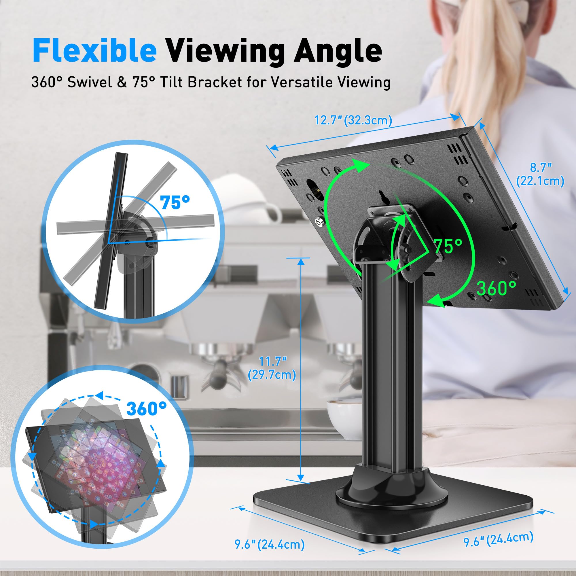 AboveTEK Anti Theft iPad Kiosk Stand � POS iPad Security Stand & Locking Tablet Stand � Heavy Duty Base, 360� Swivel, 75� Tilt Bracket � Retail Business for iPad/iPad Air/iPad Pro (Black)