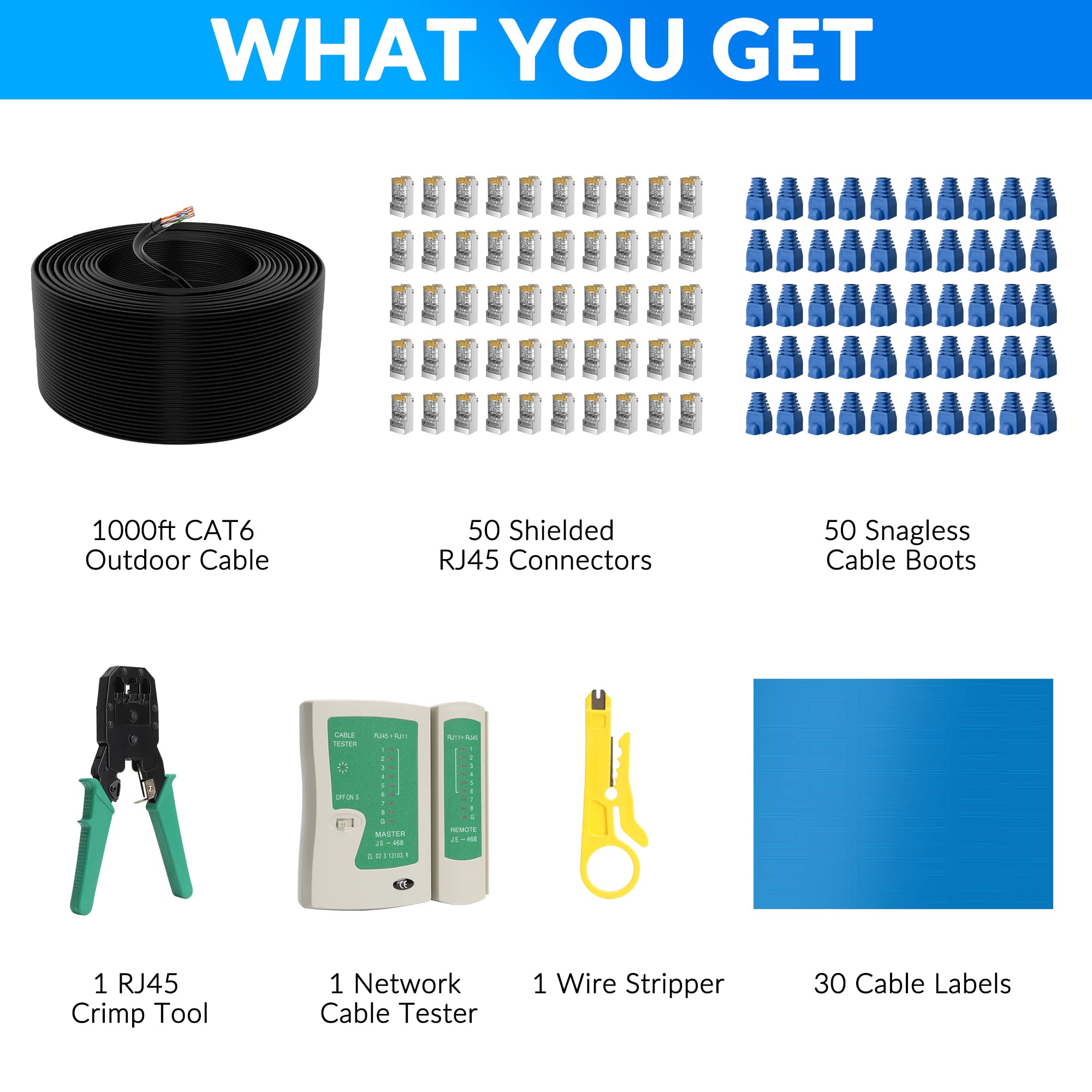 Cat6 Outdoor Ethernet Cable 1000 Ft With Tool Kit, Heavy Duty Network Internet Diy Bulk Cord, Support Cat 6 Cat5E Cat5, Utp, Cca