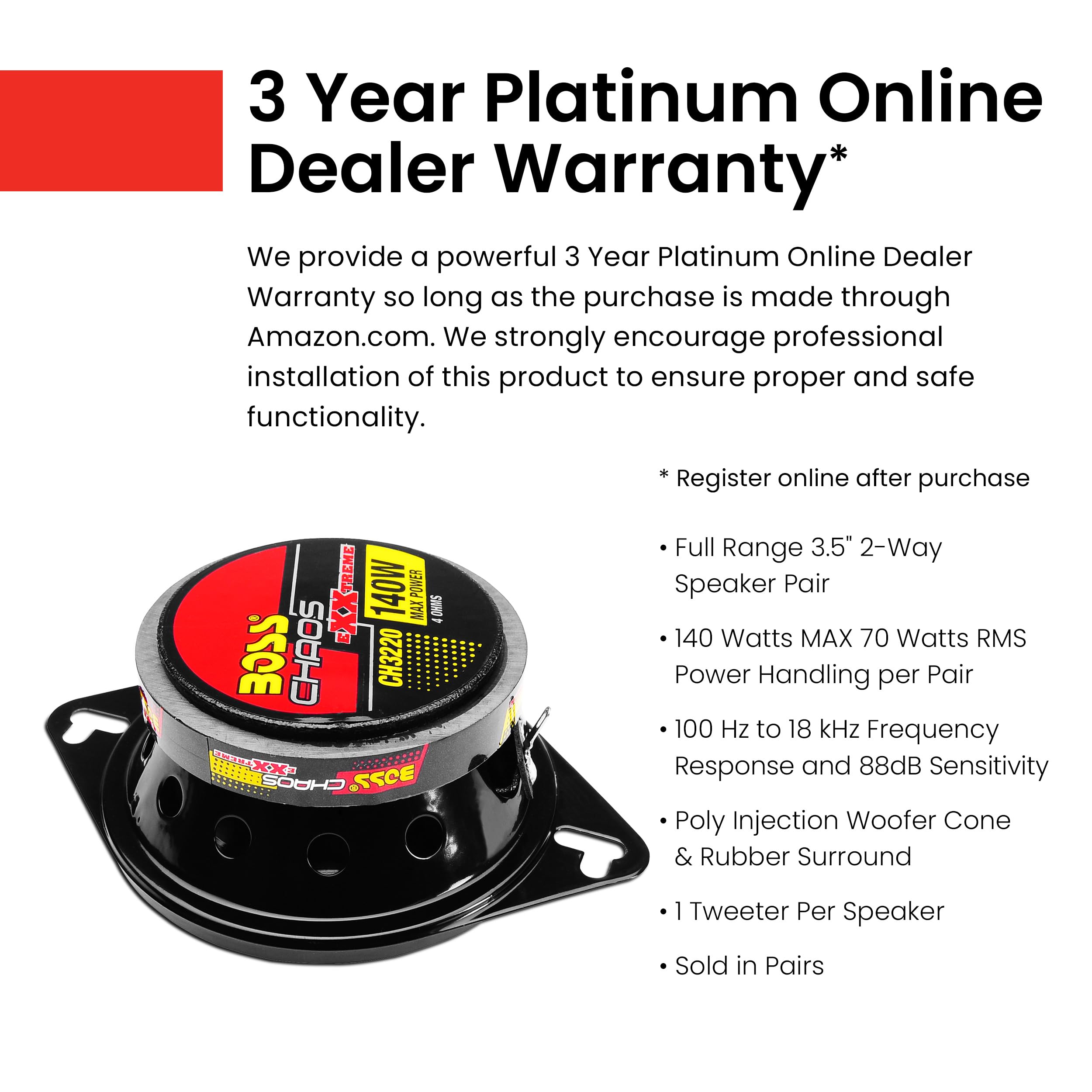 Boss Audio Systems Ch3220 3.5 Inch Car Door Speakers   140 Watts Max (Per Pair), Coaxial, 2 Way, Full Range, 4 Ohms, Sold In Pai