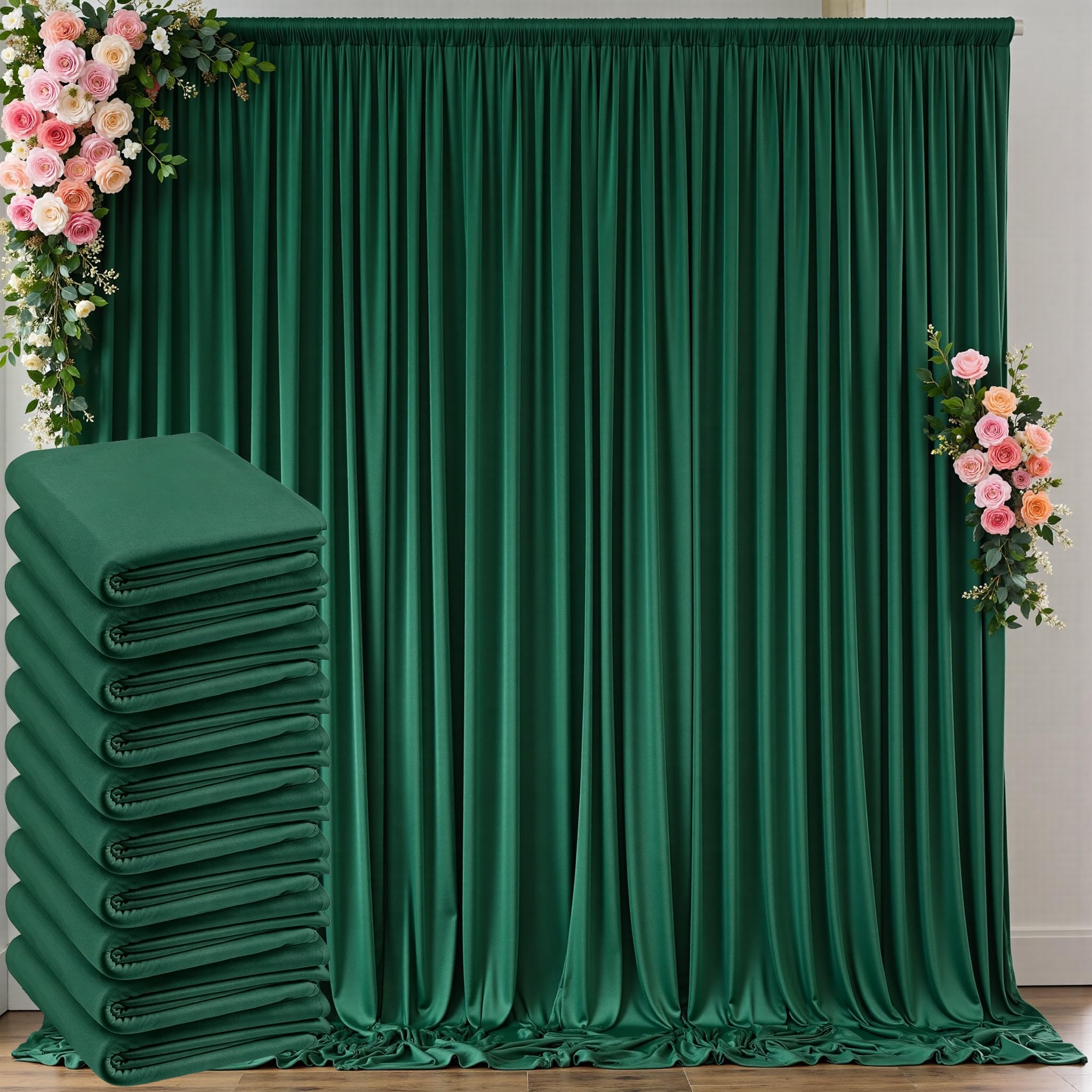 50 ft x 10 ft Wrinkle Free Hunter Green Backdrop Curtain for Parties, Polyester Dark Green Photo Backdrop Drapes 10 Panels 5x10f