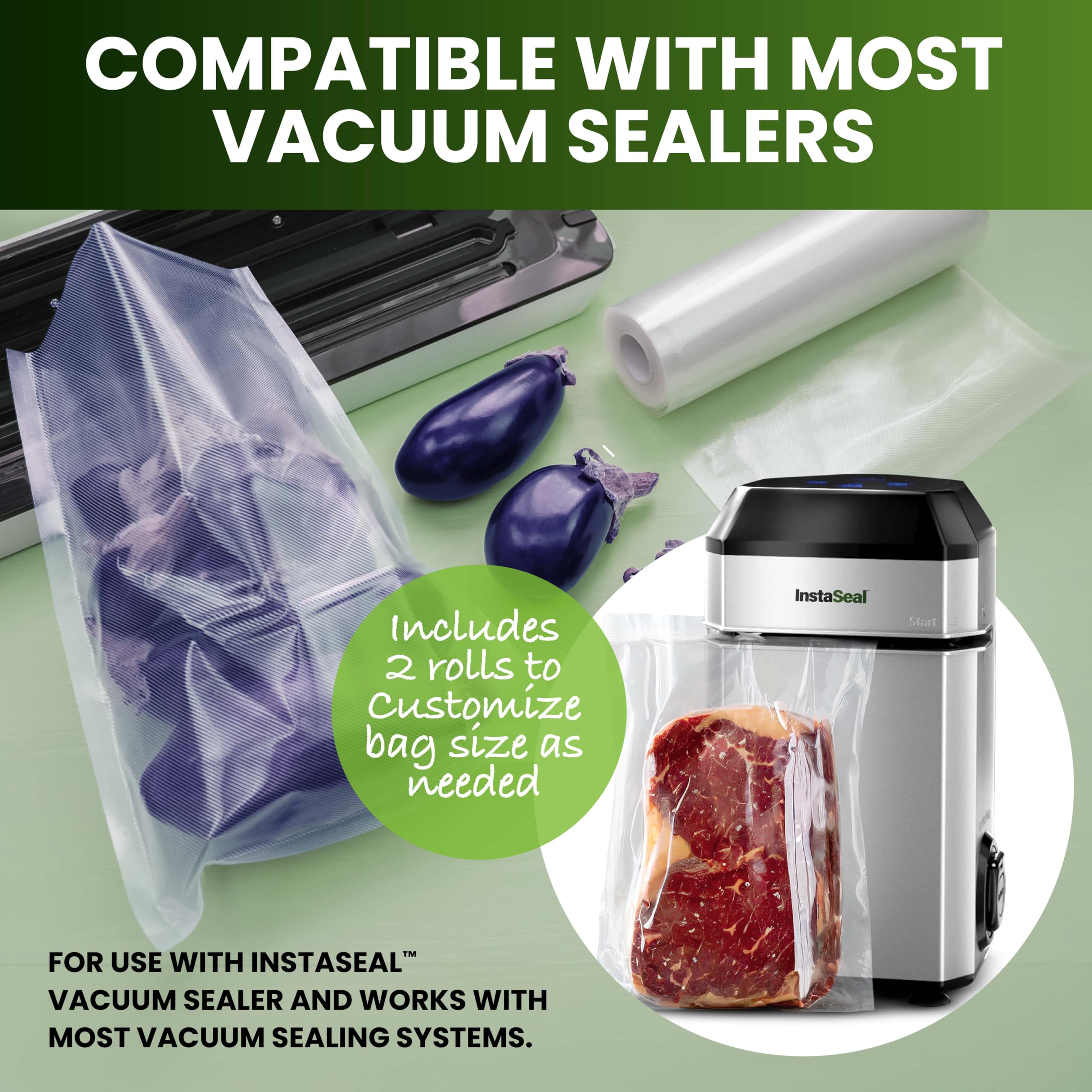 Instaseal Vacuum Sealer Bags For Food, 1 Roll 8'' X 20 Ft + 1 Roll 11'' X 20 Ft + 30 Pre Cut Vacuum Seal Bags For Food, Works Wi