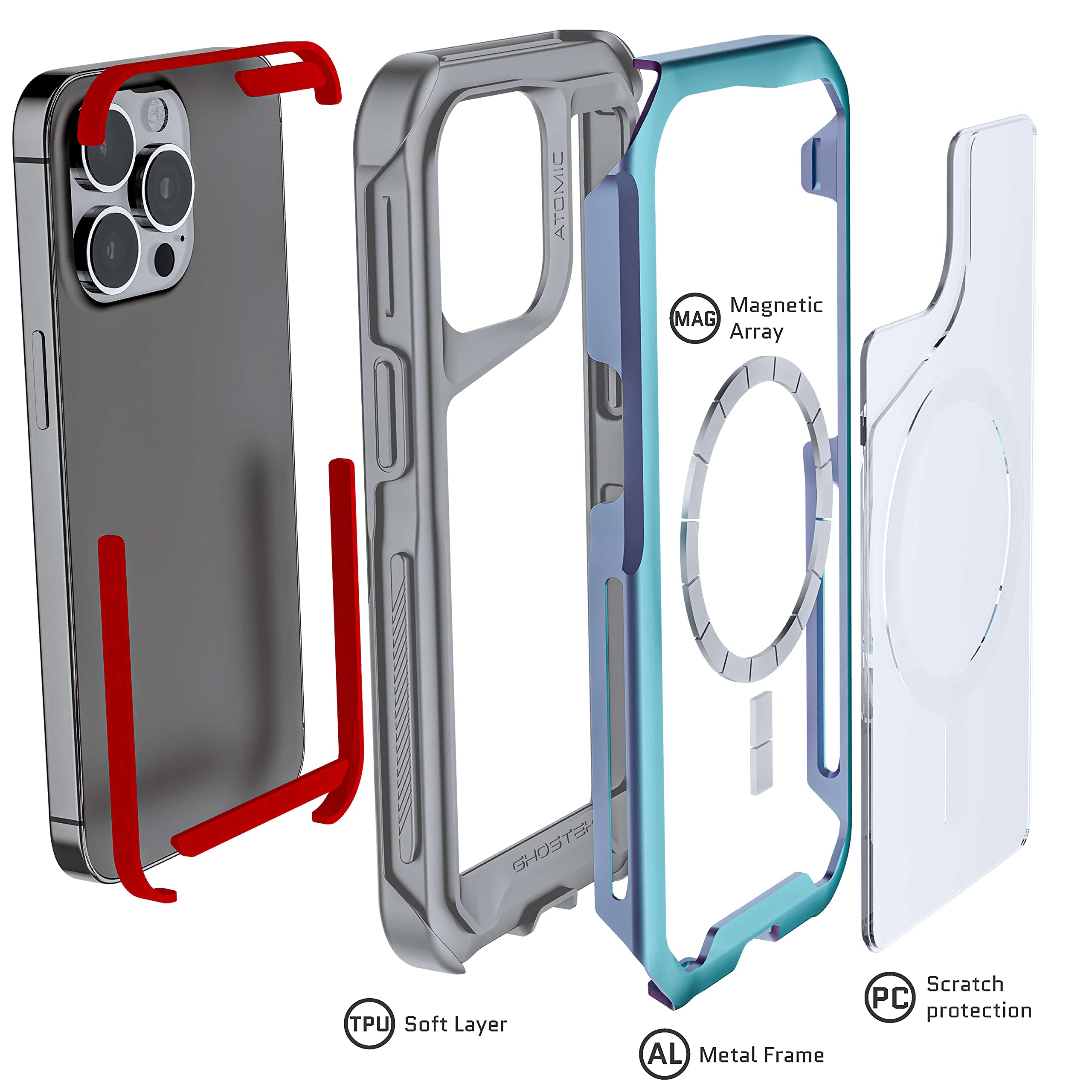 Ghostek Atomic Slim Iphone 13 Case With Ring Magsafe Magnet And Iridescent Design Aluminum Metal Bumper Heavy Duty Protection Pr