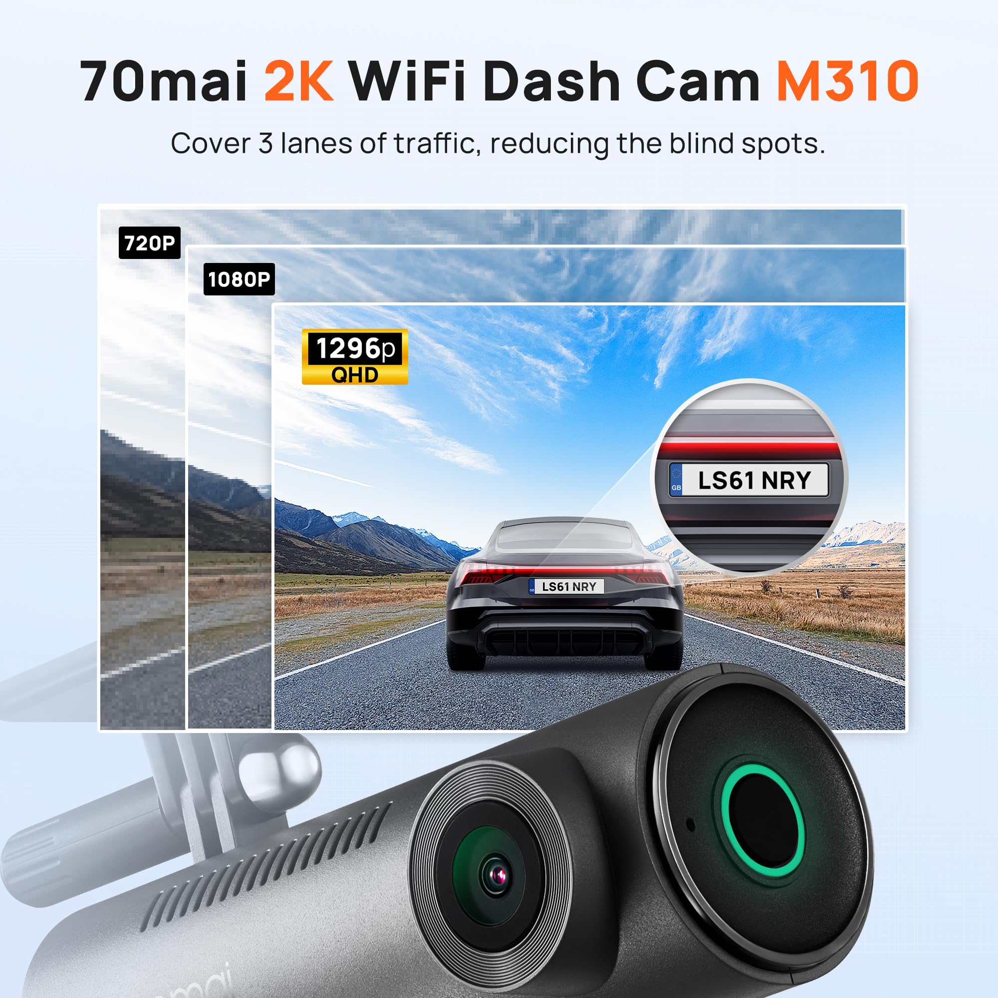 70Mai Dash Cam M300, 1296P Qhd, Built In Wifi Smart Dash Camera For Cars, 140