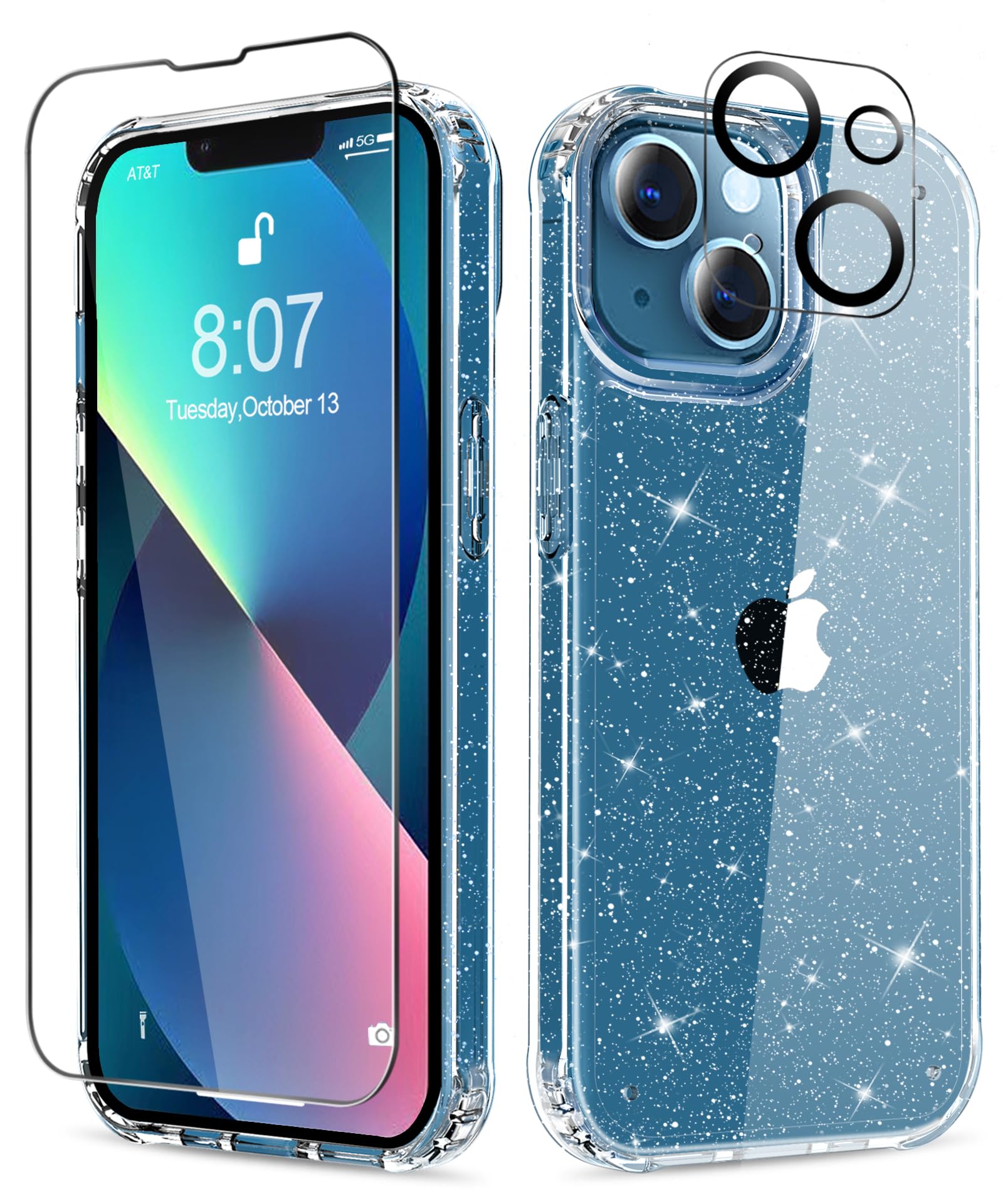 MIODIK Compatible with iPhone 13 Case with Screen Protector + Camera Lens Protector, Clear Glitter Shockproof Protective Phone C
