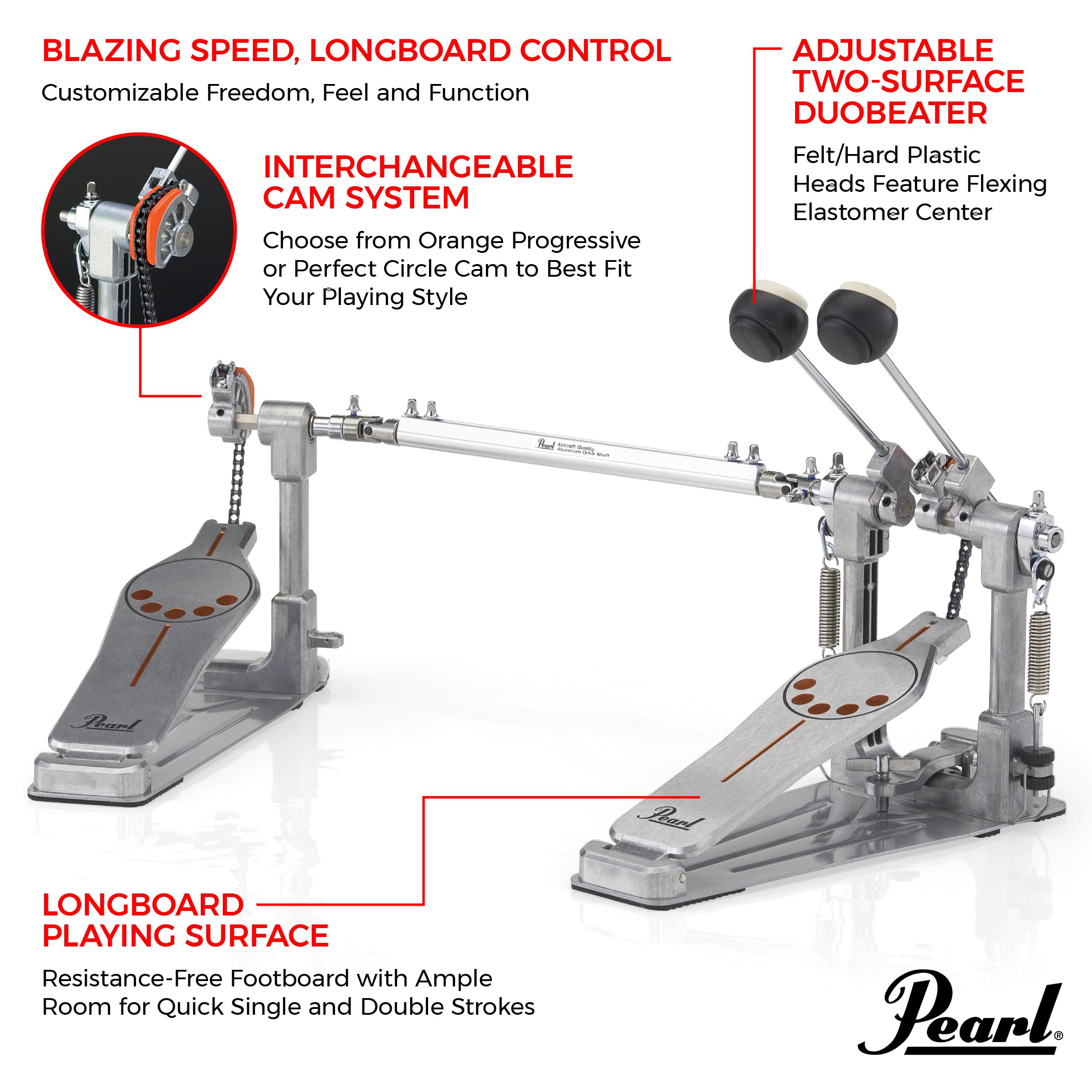 Pearl P932 Longboard Double Bass Drum Pedal With Sprocketless Chain Drive , Powershifter Pedalboard, And Dual Interchangeable Ca