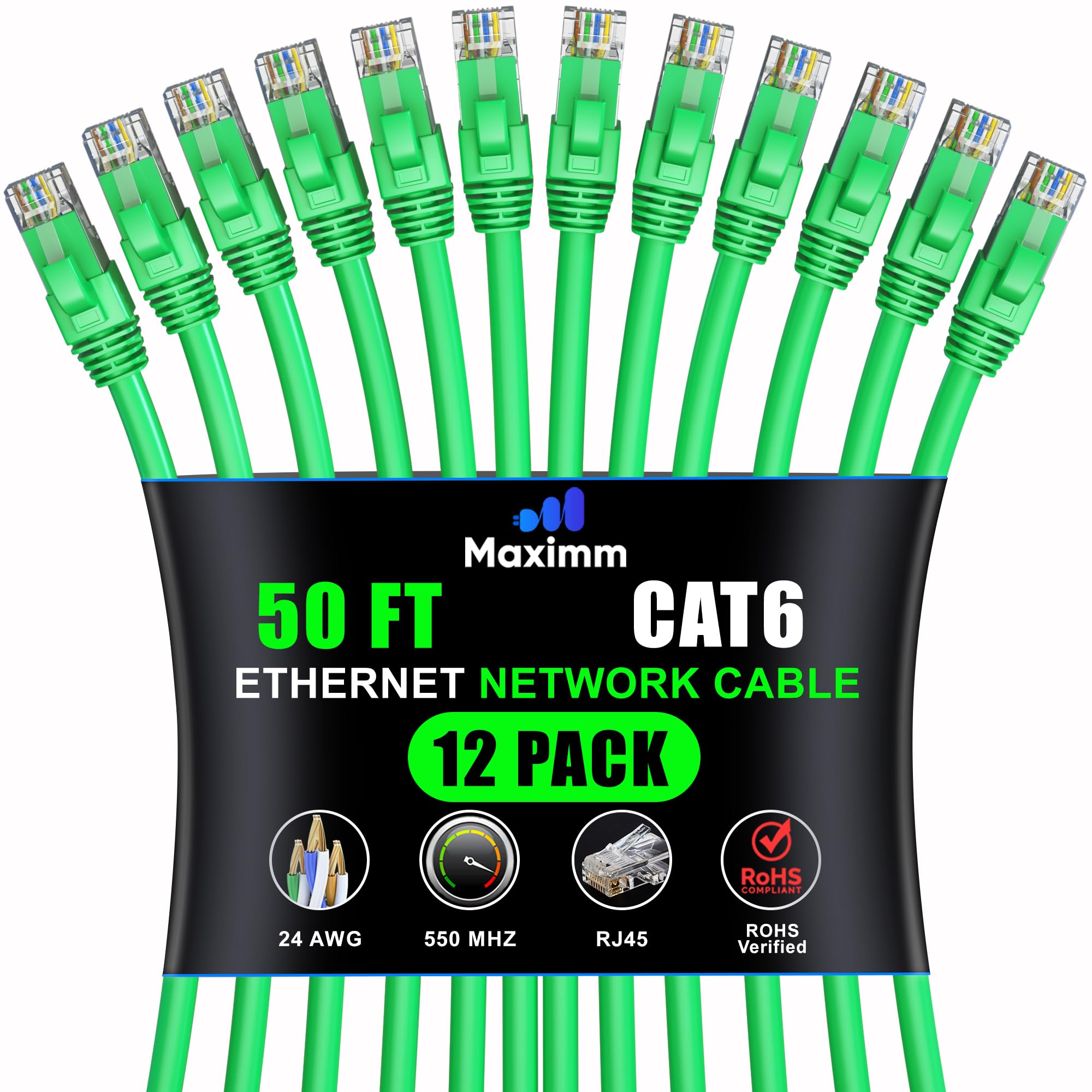 Maximm Cat 6 Ethernet Cable - 50 ft (12-Pack), High-Speed LAN, Internet, Patch, and Network Cable - UTP, 10Gbps, 550MHz - Green