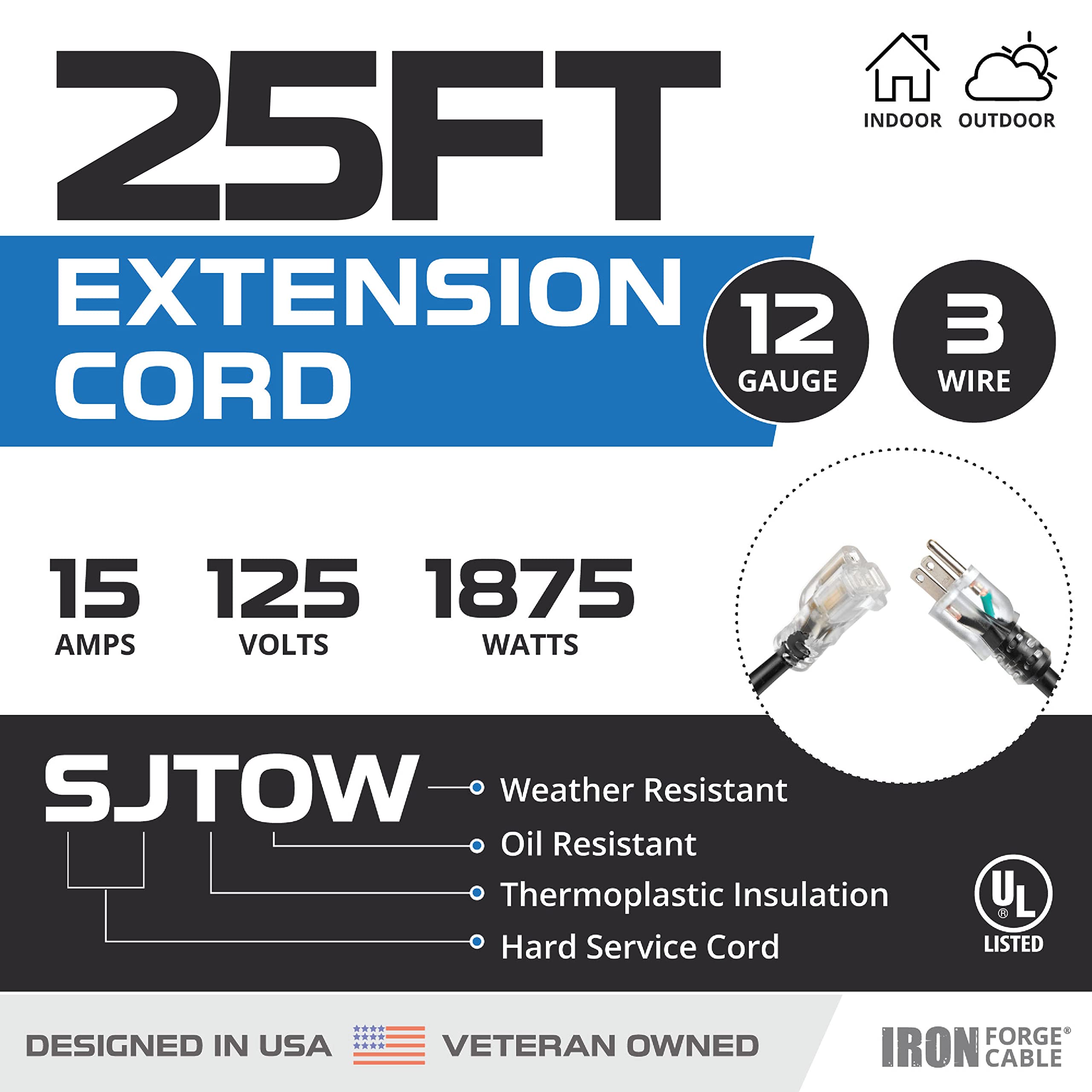 Iron Forge Cable 25 Ft Heavy Duty Extension Cord Outdoor, Sjtow Oil Resistant 12 Gauge Extension Cord 25Ft With 3 Prong, 12/3 Bl