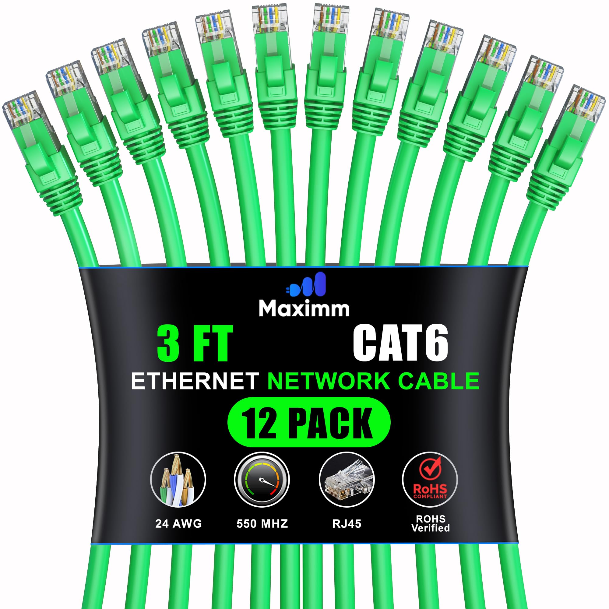 Maximm Cat 6 Ethernet Cable 3 Ft (12 Pack)   High Speed Lan Cable, Internet Cable, Patch Cable, And Network Cable   Utp, 10Gbps, 550Mhz Ethernet Cord   Green