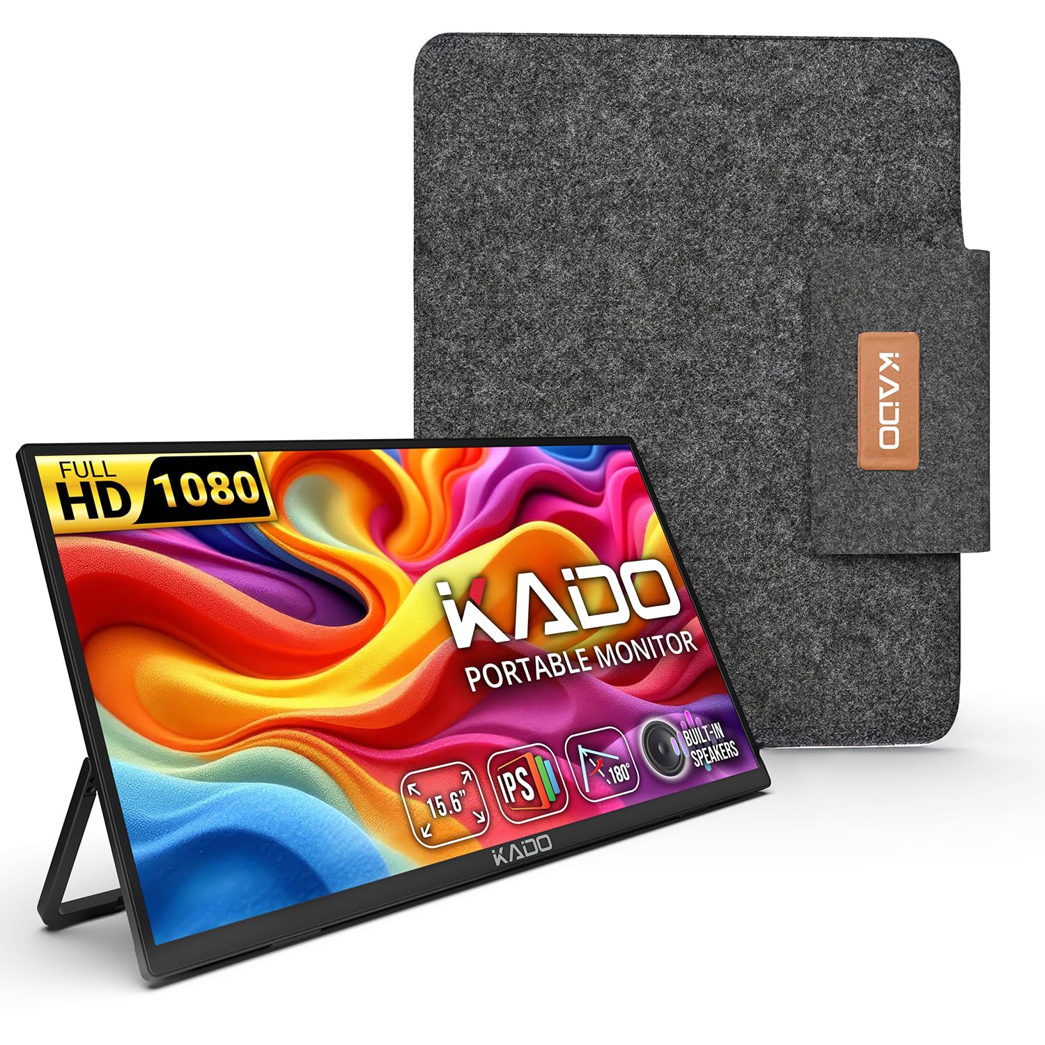 Kado 15.6'' Fhd 1080P Ultra-Slim Laptop Monitor 1920X1080, Ips Second Display 180 Kickstand Protective Case Sleeve, Screen Exten