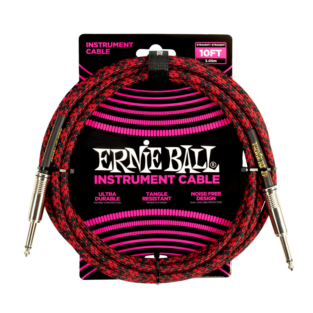 Ernie Ball Braided Instrument Cable, Straight Straight, 10Ft, Red/Black