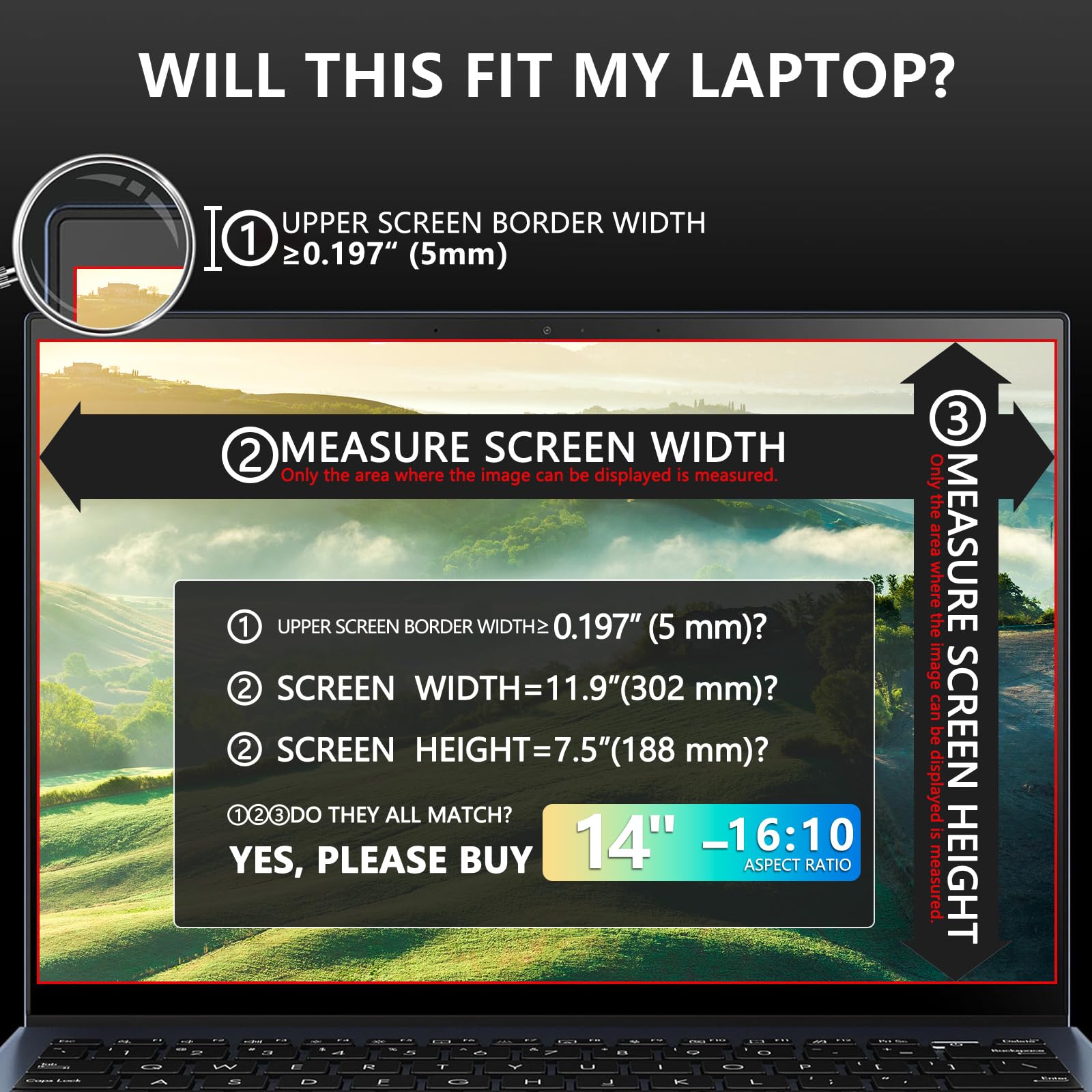 Filmext Magnetic Laptop Privacy Screen 14 Inch For 16:10 Widedisplay, Removable Laptop Privacy Screen Shield Anti Glare Blue Lig