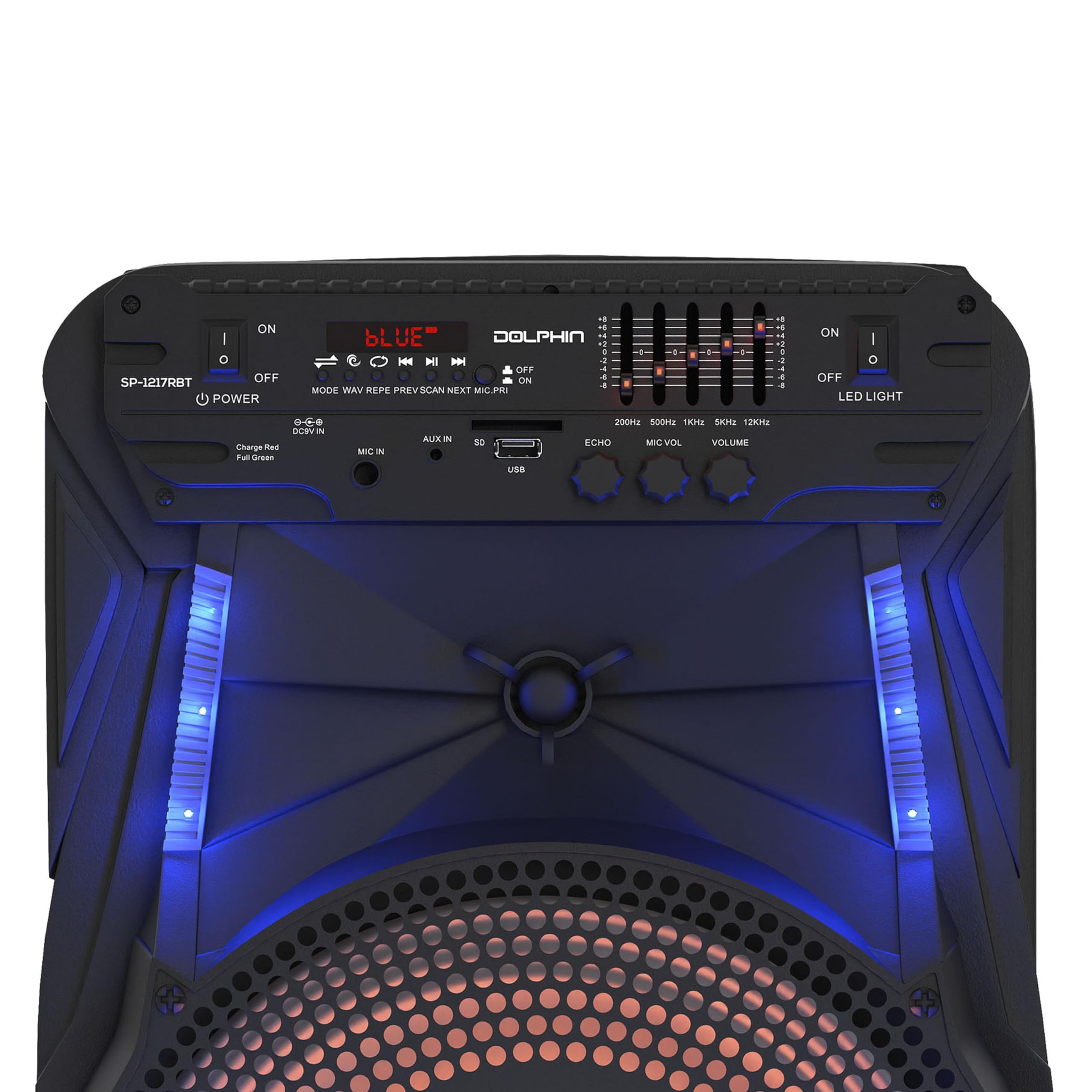 Dolphin 12 Inch Rechargeable Bluetooth Party Speaker � High Power Sound, Tws Compatibility, Led Lights, 5 Band Equalizer, Portable Design With Trolley And Wheels