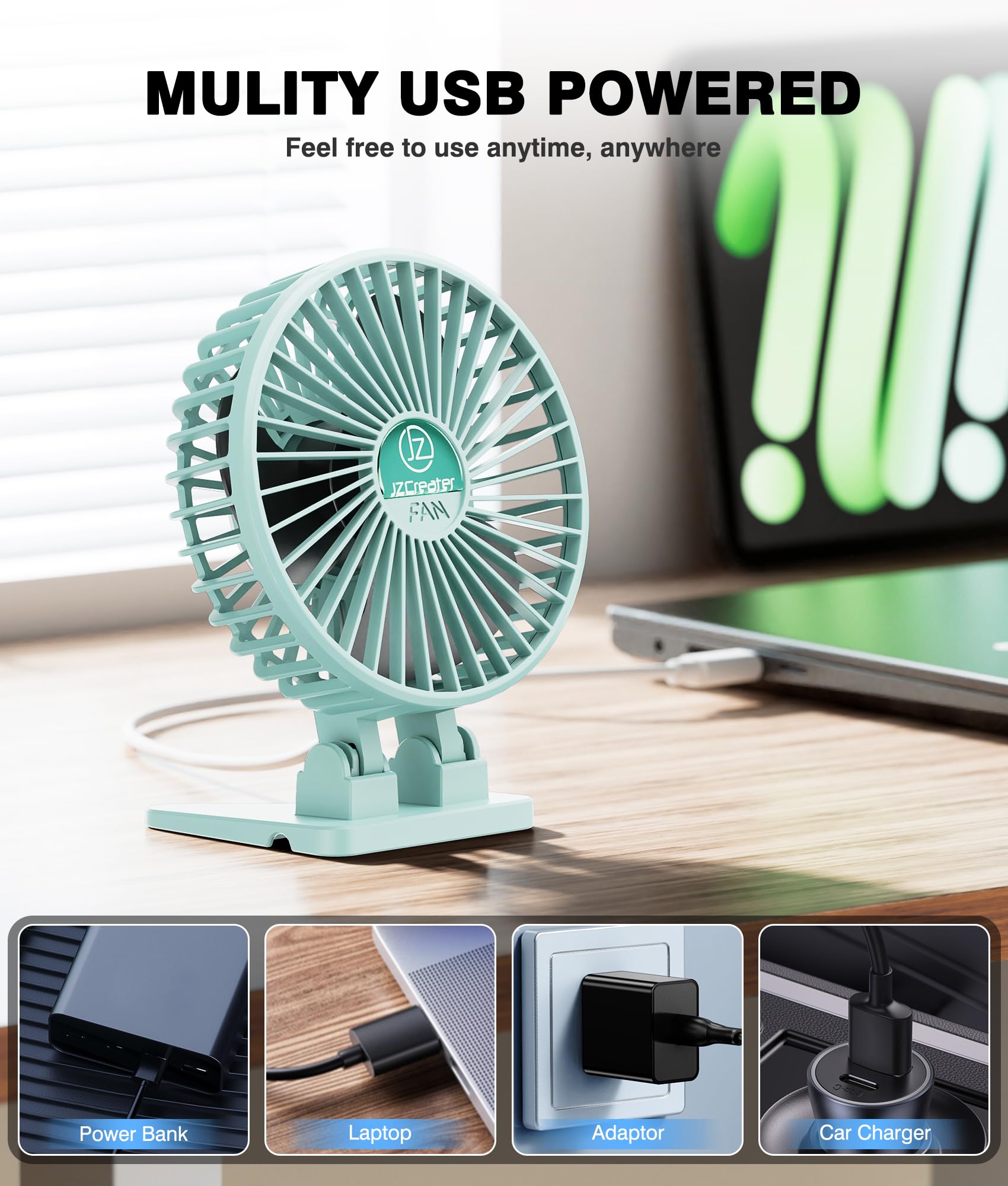 Jzcreater Usb Desk Fan, Mini Fan Portable, 3 Speeds Desktop Table Cooling Fan, Plug In Power Fan, Rotation Strong Wind, Quiet Pe