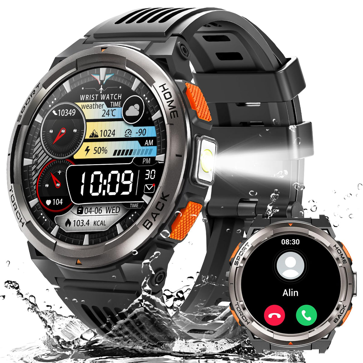 Ke5 Military Smart Watch For Men With Flashlight Sos 3Atm Waterproof Watch 530Mah Big Battery 1.45 '' Rugged Tactical Smartwatch