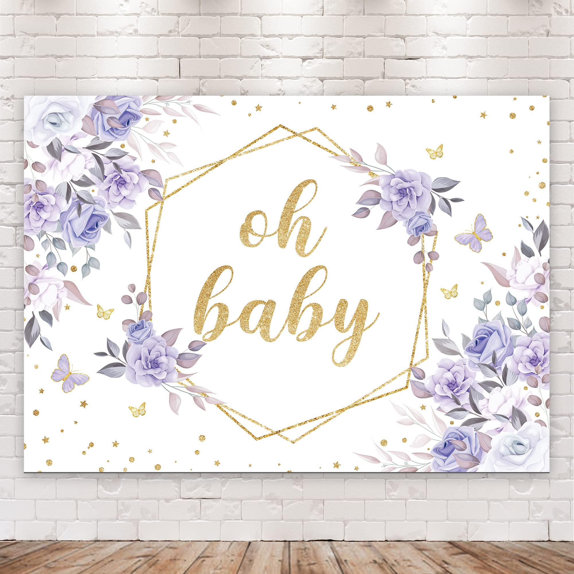 Riyidecor Purple Floral Butterfly Oh Baby Backdrop Baby Shower 7Wx5H Feet Polyester Fabric Lilac Flowers Girls Princess Newborn
