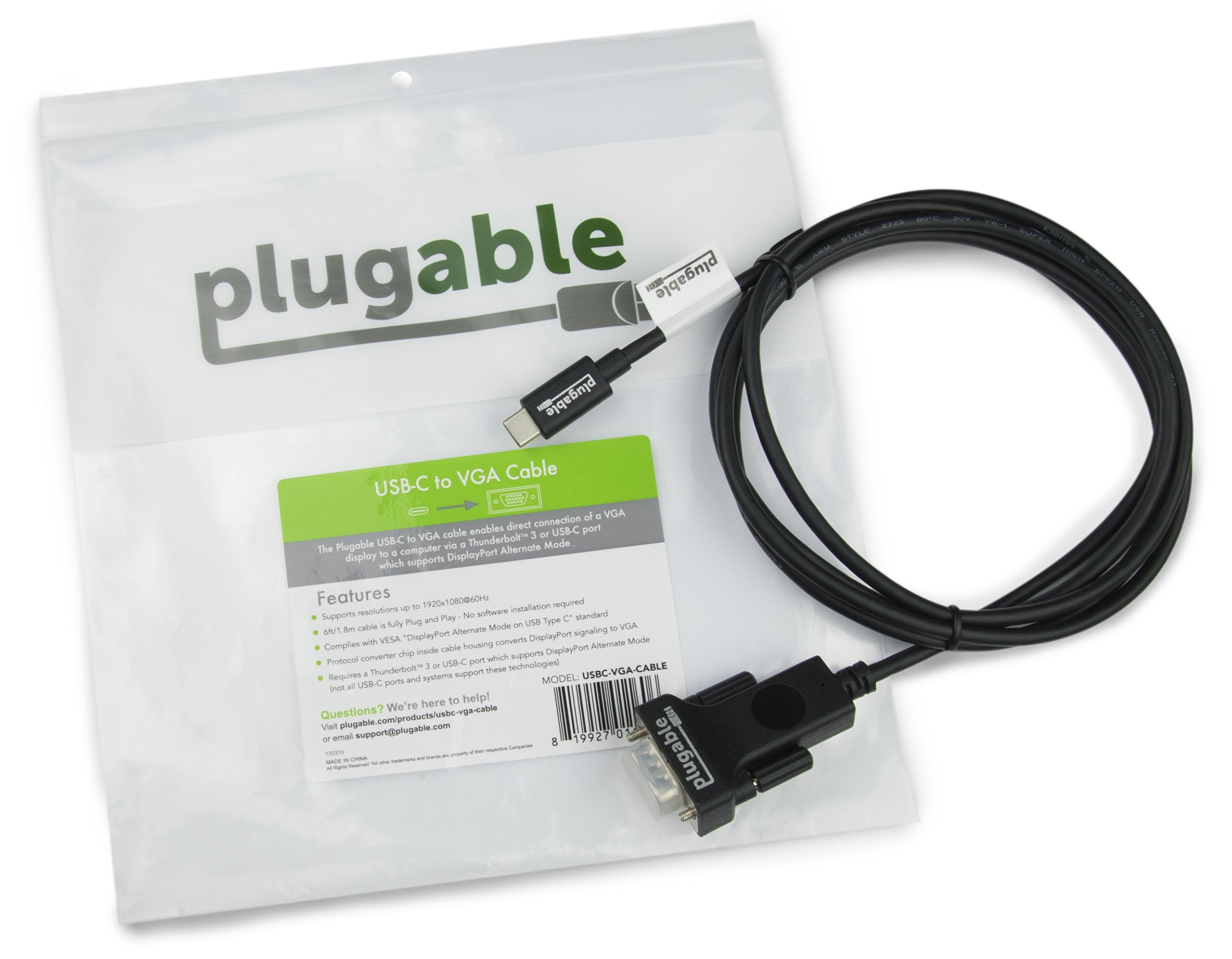 Plugable Usb C To Vga Cable 6 Feet - Driverless Connect Thunderbolt 4, Thunderbolt 3, Usb4, Or Usb-C Device To Vga Displays 1920