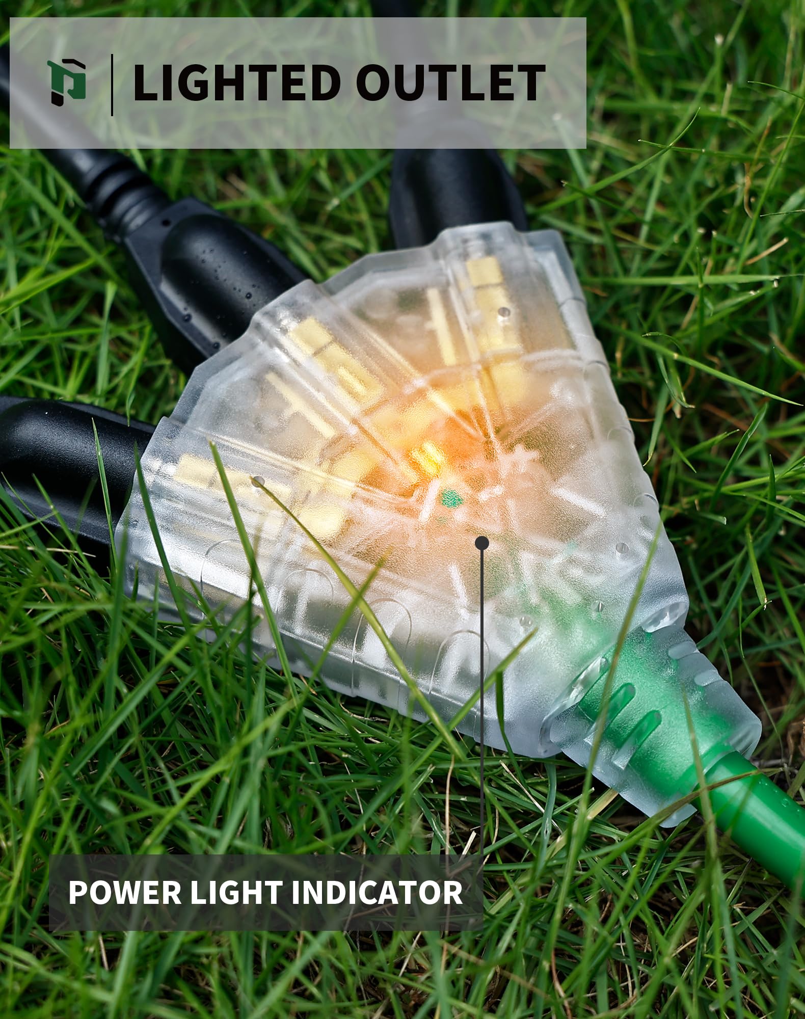 25Ft 12/3 Outdoor Extension Cord With 3 Outlets, Heavy Duty 12 Gauge 3 Prong Extension Cord Waterproof With Lighted End, 15A 12A