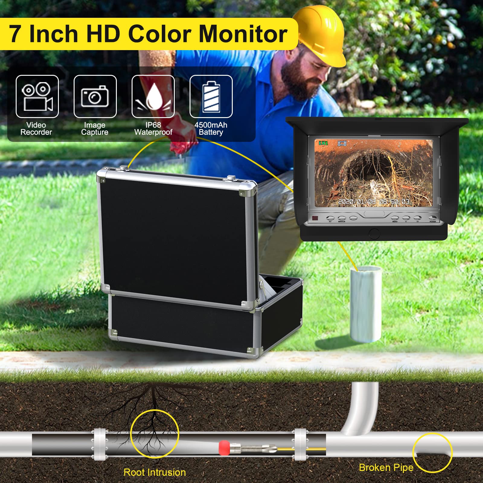 Pipe Pipeline Inspection Camera, Drain Sewer Industrial Endoscope Hbuds Waterproof Ip68 Snake Video System With 7 Inch Lcd Monit