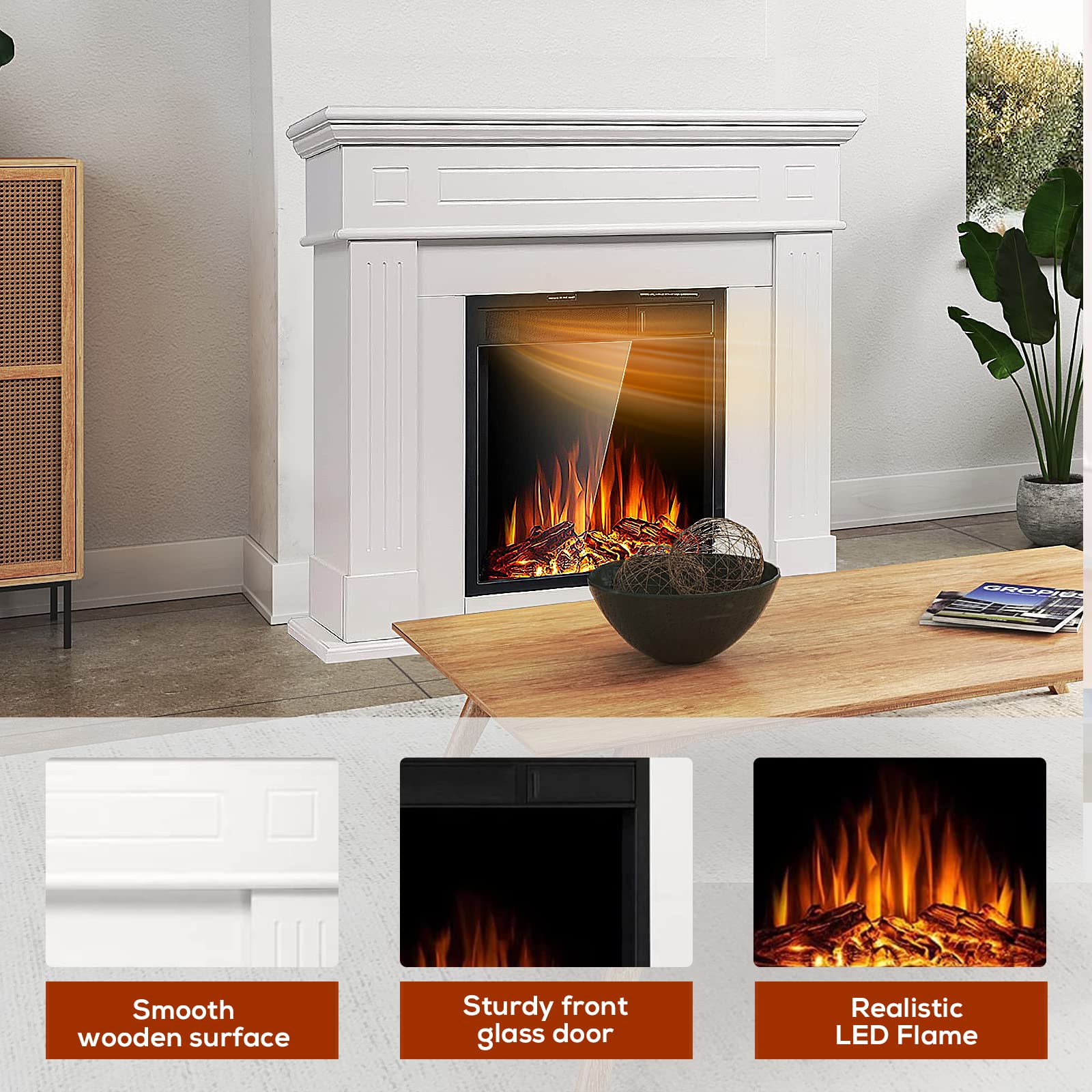 R.W.Flame 43    Electric Fireplace Mantel Wooden Surround Firebox, Tv Stand With Freestanding Electric Fireplace, Remote Control