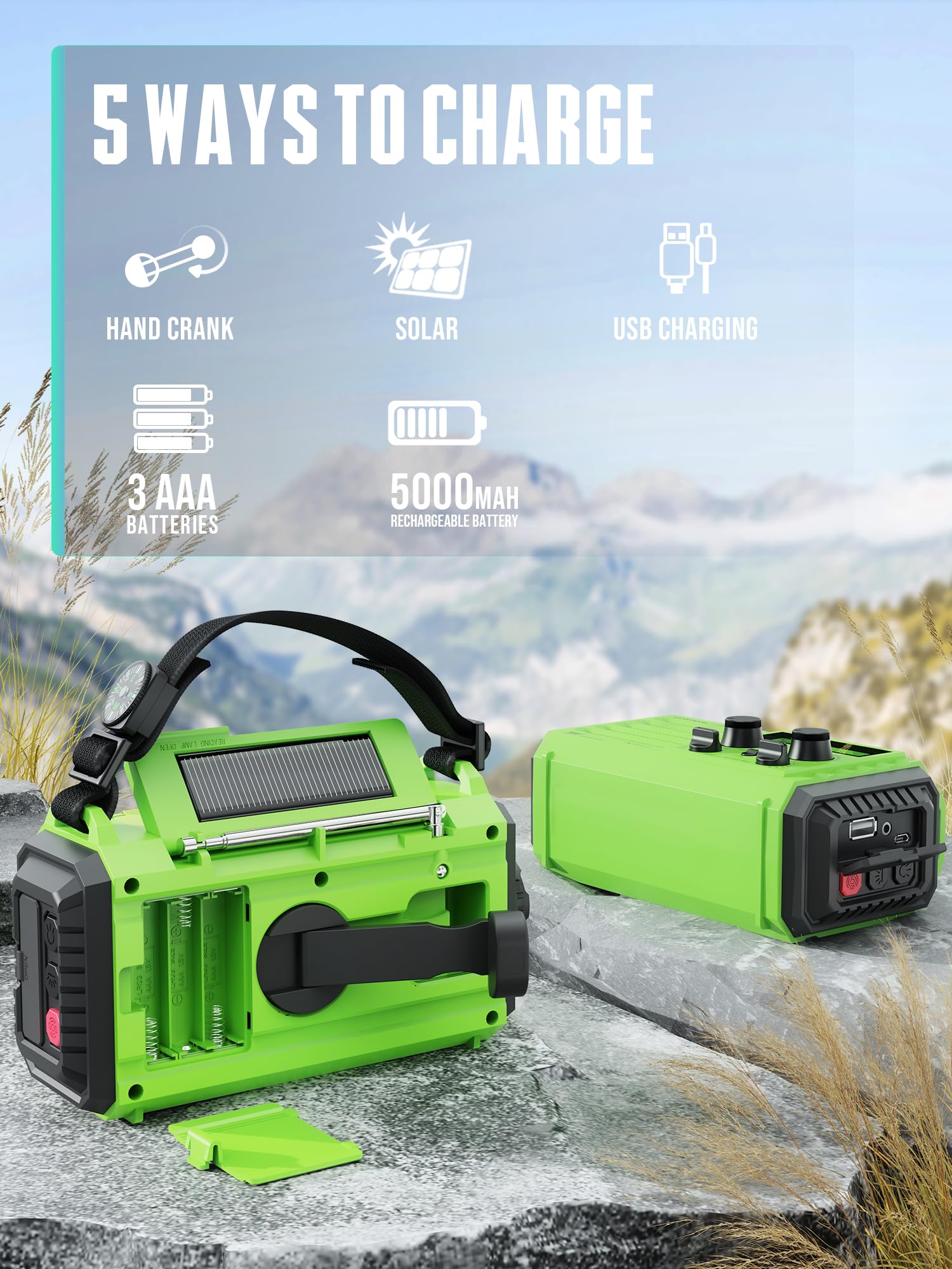 18500Mwh Emergency Radio, Hand Crank Solar Noaa Weather Radio, Am/Fm Portable Battery Operated Radio With 5 Way Power, Phone Cha