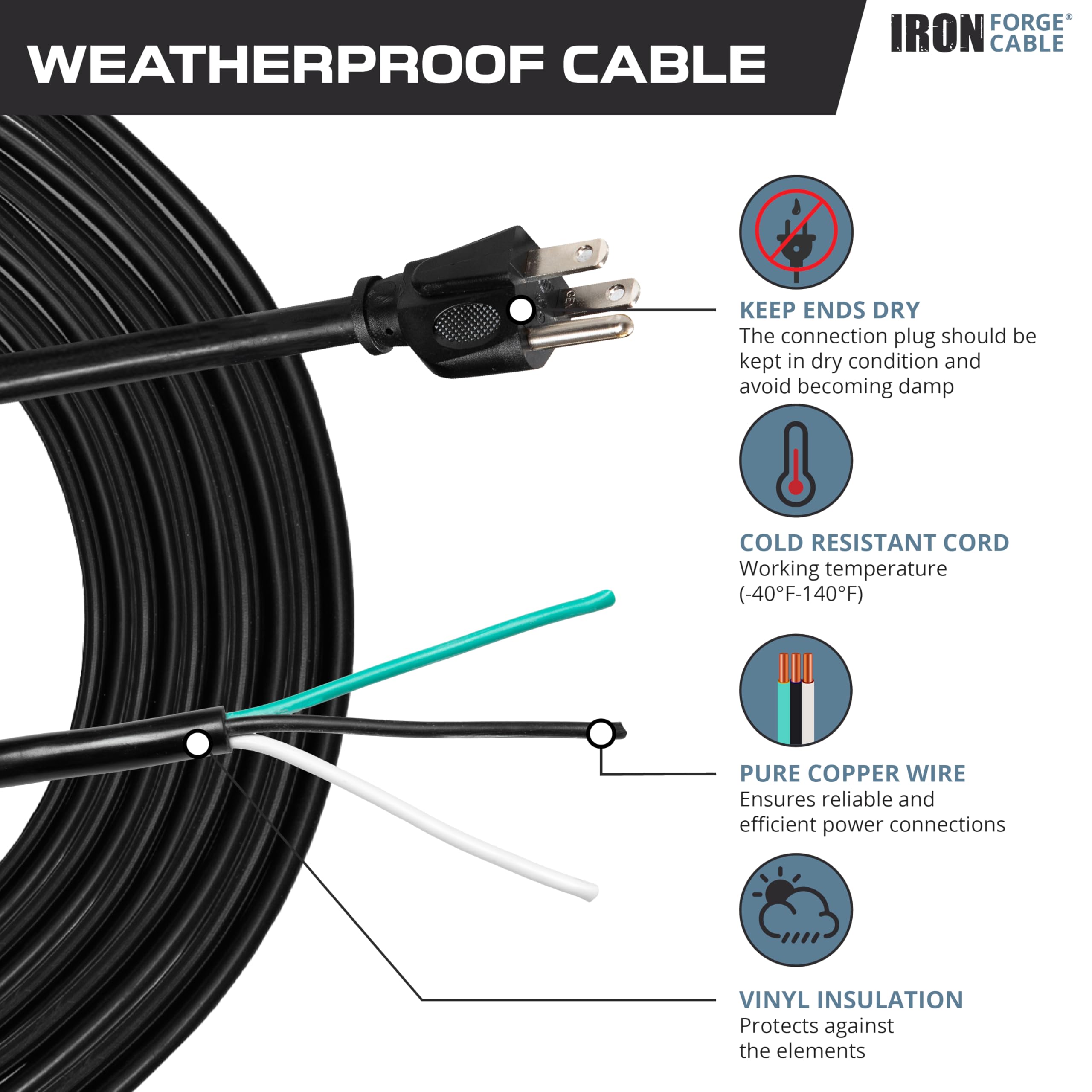 Iron Forge Cable 12 Gauge Power Cord Replacement   15Ft,15 Amp Black Heavy Duty Extension Cord, 12/3 Sjt 3 Prong Electric Cable
