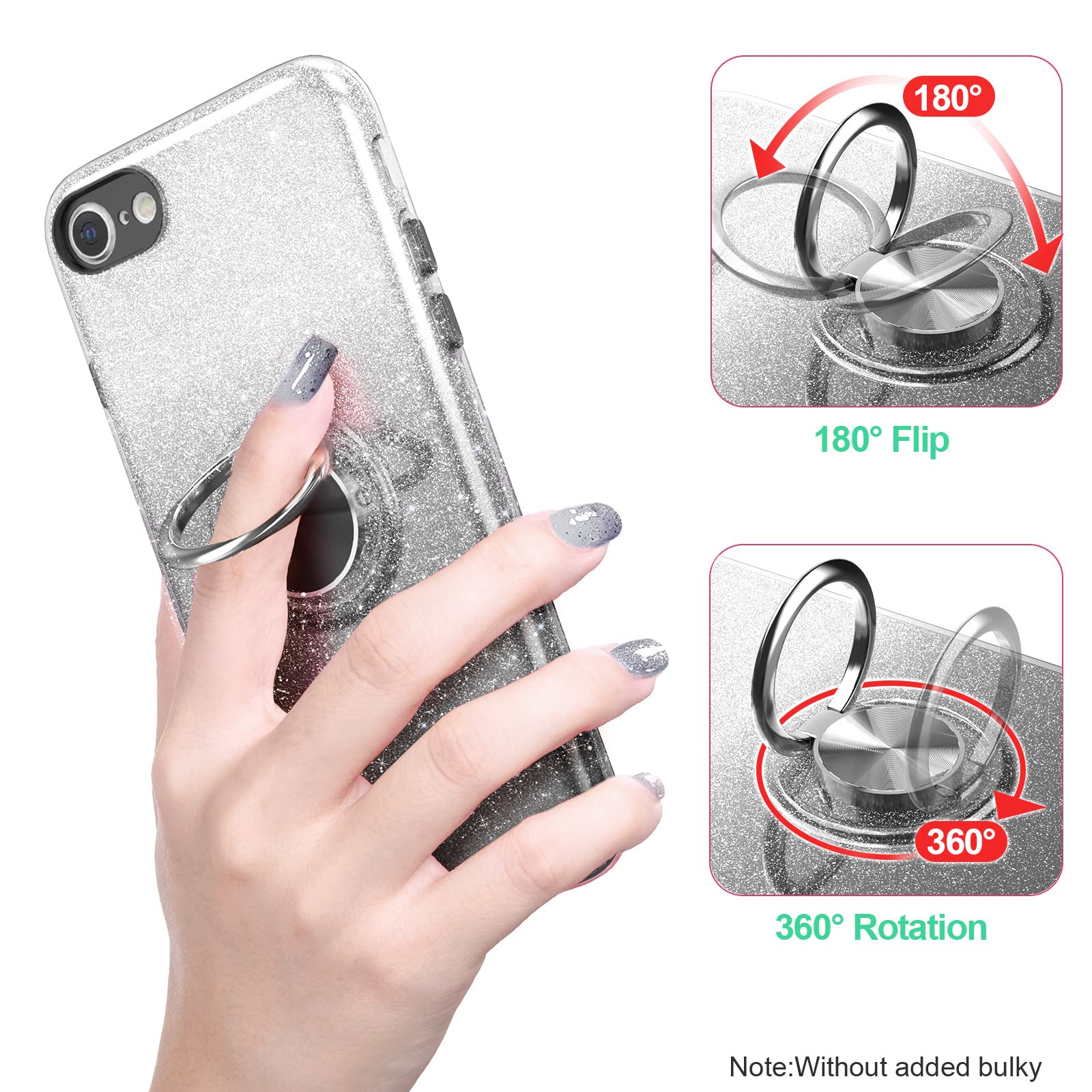 PeeTep iPhone SE 3 2022 / SE 2020 / 8 / 7 Glitter Phone Case with 360° Ring Holder Black TPU