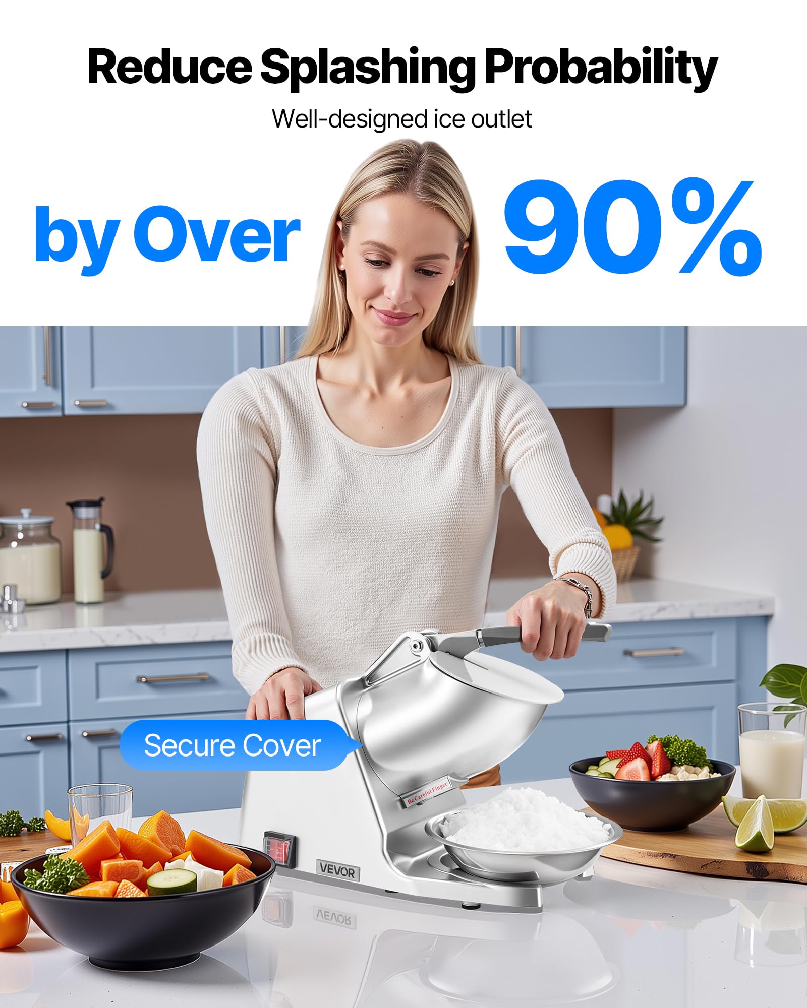 Vevor Ice Crusher Machine, 143Lbs Per Hour Electric 2 Blades Snow Cone Maker, Stainless Steel Shaved Ice Machine With Bowl And C