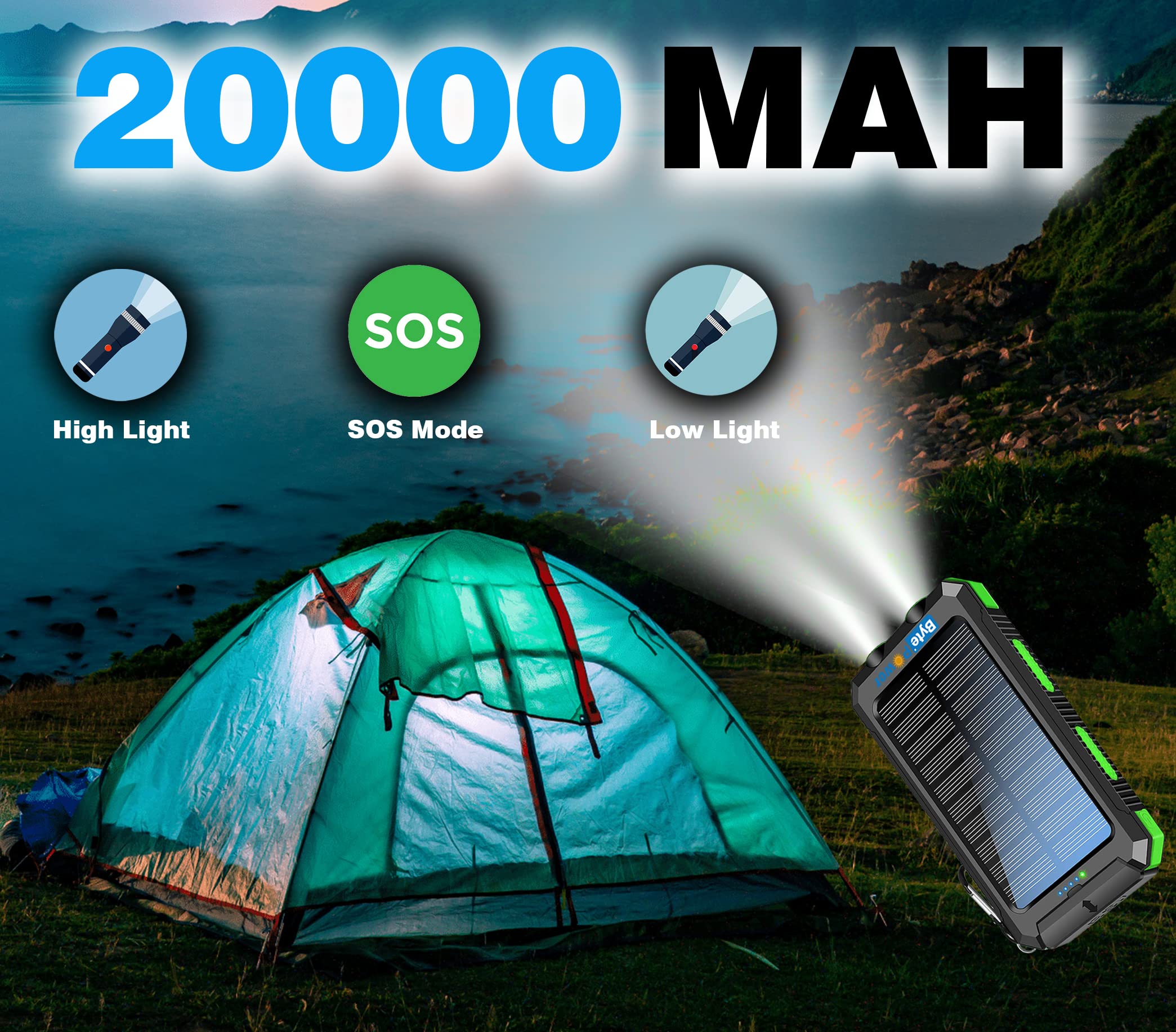 Solar Charger Power Bank 20000Mah, Portable Solar Pone Charger With Compass,Carabiner, Whistle,Flashlights,Solar Panel Charger,C