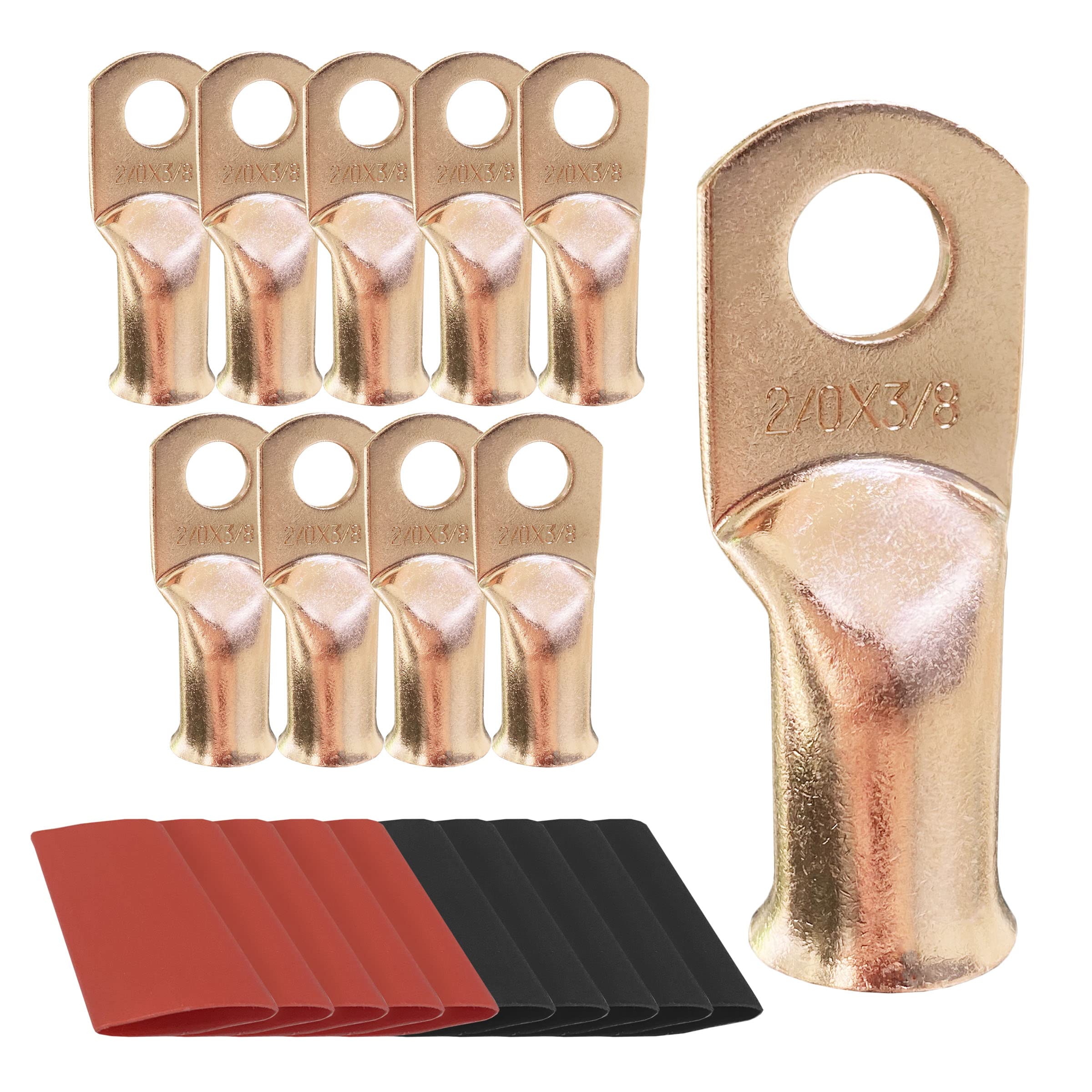 10Pcs 2/0 Awg 3/8 Ring Battery Lugs, Copper Lugs, Battery Cable Ends, Tubular Ring Terminals, Crimp Wire Ring Lugs, Battery Term